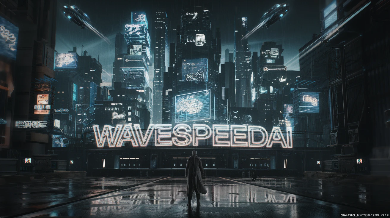 A sprawling, neon-drenched cyberpunk cityscape at night. Flying vehicles streak between towering skyscrapers covered in holographic advertisements. In the foreground, a lone figure in a long coat stands on a rain-slicked street, looking up at the city. A large, glowing neon sign in Japanese characters reads 'WavespeedAI'. 3d render, cinematic, futuristic, dark.