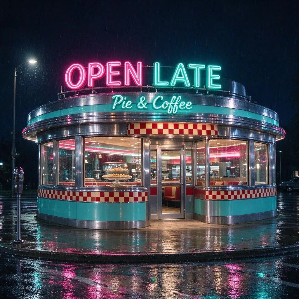 A retro diner storefront at night with a glowing pink and teal neon sign reading "OPEN … — Image generated by Seedream 5 Flash Text-To-Image API