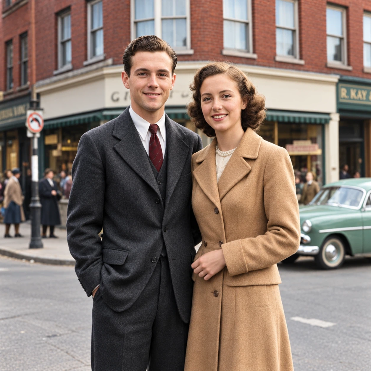 Restore and colorize this old photograph. Remove all scratches, dust and fading, sharpen details, and add natural, realistic colors: warm skin tones, a charcoal suit with a burgundy tie for the man, a camel wool coat for the woman, a mint green vintage car and red brick buildings. Keep faces, poses and composition unchanged.