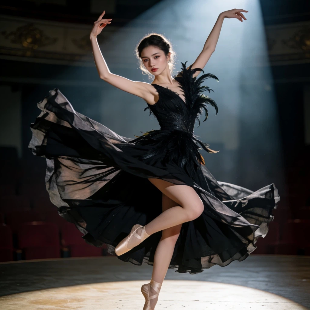 A graceful young woman in a dramatic black ballet-inspired dress, captured mid-turn with one leg extended and arms curved elegantly, dark feathers and layered fabric sweeping outward, spotlight cutting through a dim theater, pale skin, intense gaze, fine-art fashion photography, expressive movement, artistic and cinematic, highly detailed.