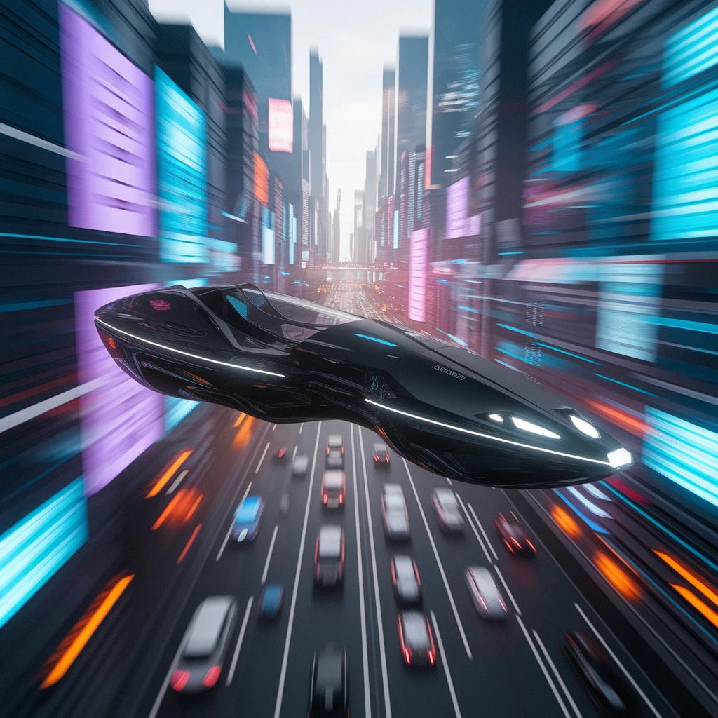 A futuristic hoverbike speeds through crowded aerial traffic lanes in a cyberpunk city filled with holographic ads and neon lights. Handheld camera style, fast cuts, lens flare, full of tension and a sense of speed.
