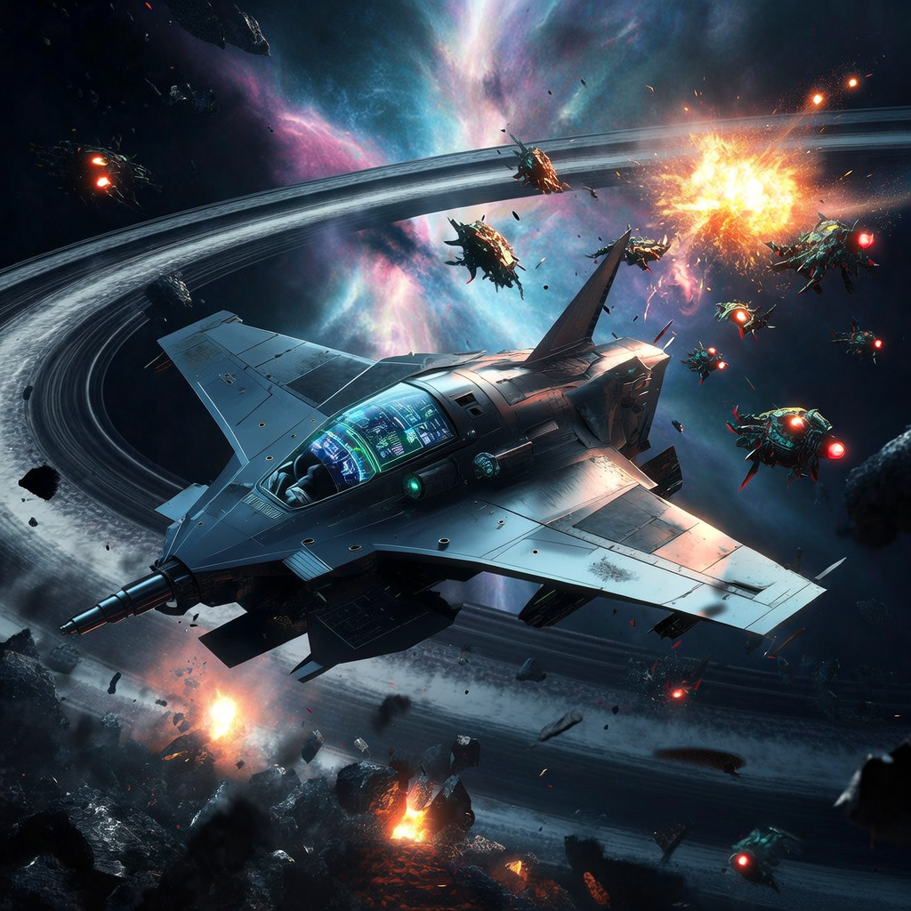 A sleek, futuristic starfighter dogfighting against a swarm of alien interceptors amidst the rings of a gas giant. Explosions light up the darkness, revealing distant nebulae and debris from previous clashes. The pilot's cockpit glows with holographic displays.