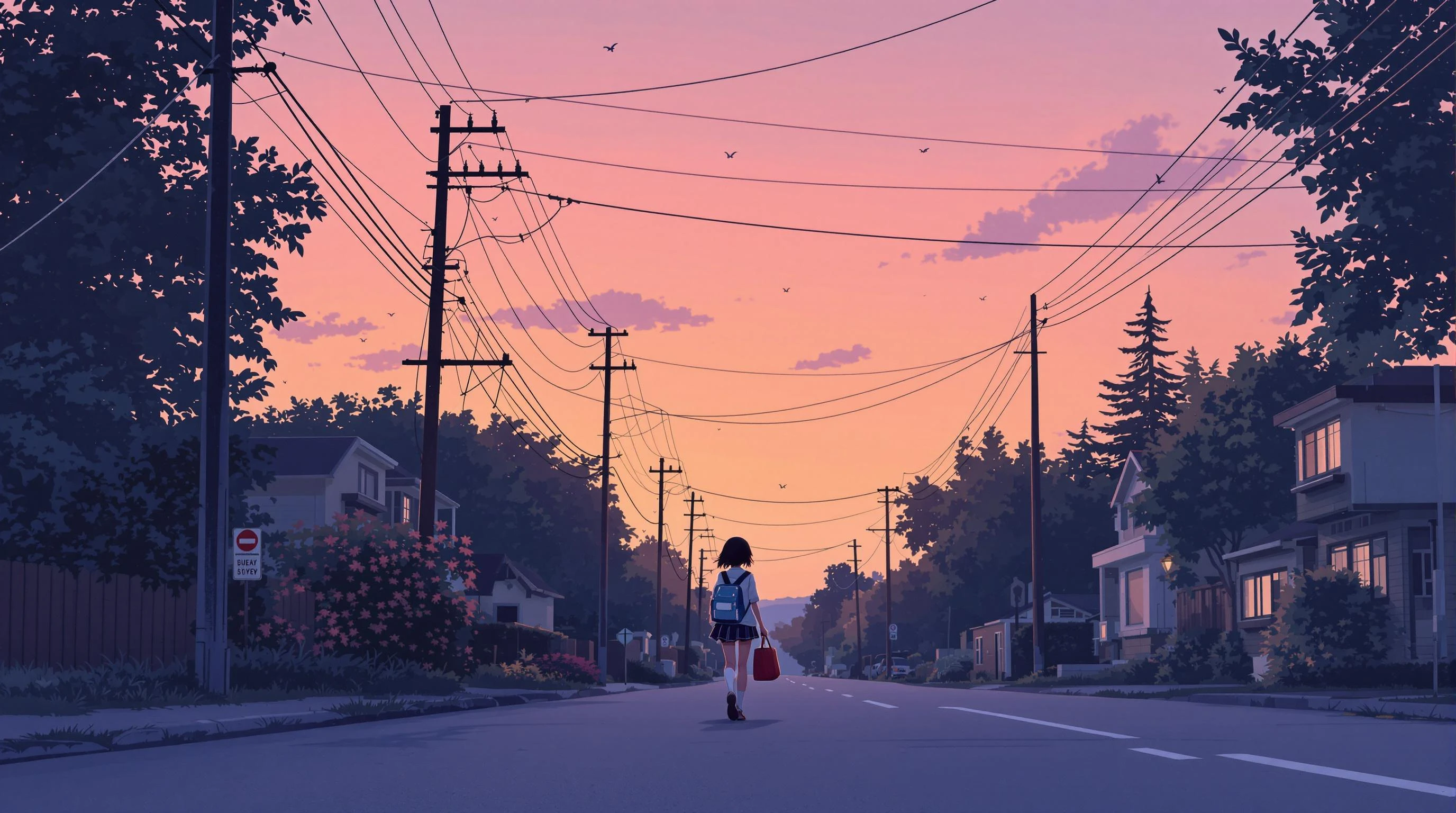 A delicate anime-style illustration of a high school girl walking alone down a sleepy suburban street at dusk, her schoolbag in hand. The sky is tinted orange-pink, and cicadas hum in the background. Power lines stretch overhead, capturing a familiar and gentle evening calm.