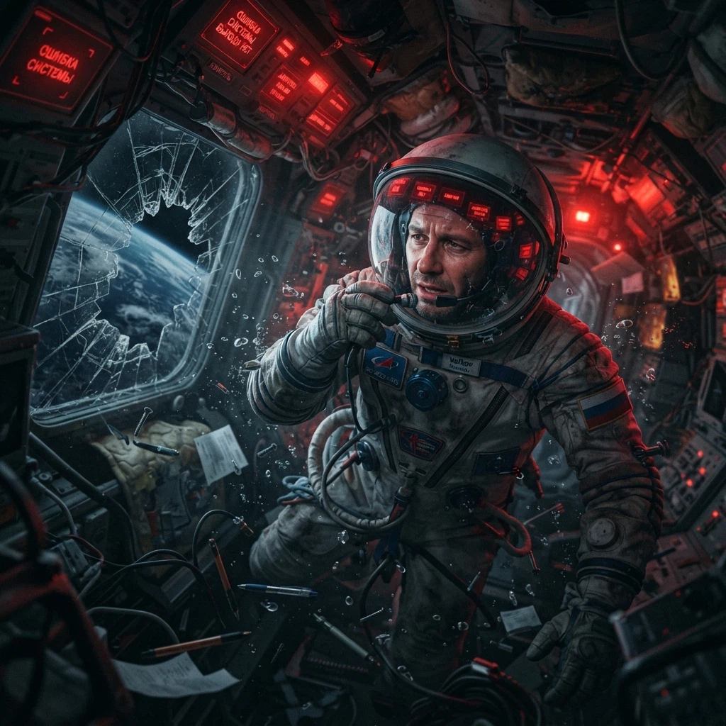A foreign astronaut floating inside a damaged spacecraft cabin, red emergency lights flashing, Earth visible through a cracked window, loose objects drifting around him, microphone near his mouth, helmet visor reflecting warning screens, claustrophobic sci-fi composition, emotional final-message storytelling, cinematic realism