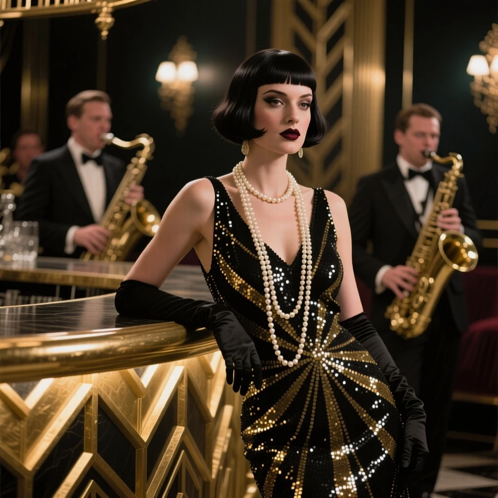 A glamorous woman with a sharp bob haircut and dark lipstick. She is dressed in a stunning black and gold sequined flapper dress with long pearls. She leans against a gilded Art Deco bar, with a jazz band softly blurred in the background. Sophisticated, low-key lighting creates a luxurious and intimate mood, Great Gatsby era, glamorous, geometric patterns.