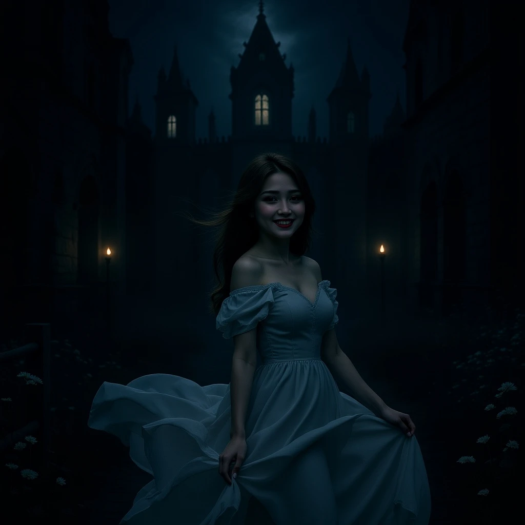 Change the background to a dark, eerie haunted castle with gothic architecture, cracked stone walls, flickering lanterns, and dense fog. Adjust the lighting and shadows on the girl so they match the ominous mood of the new background — cool tones, directional lighting from the castle, and subtle atmospheric glow. Keep the girl's pose and expression intact, but ensure overall harmony between subject and environment.