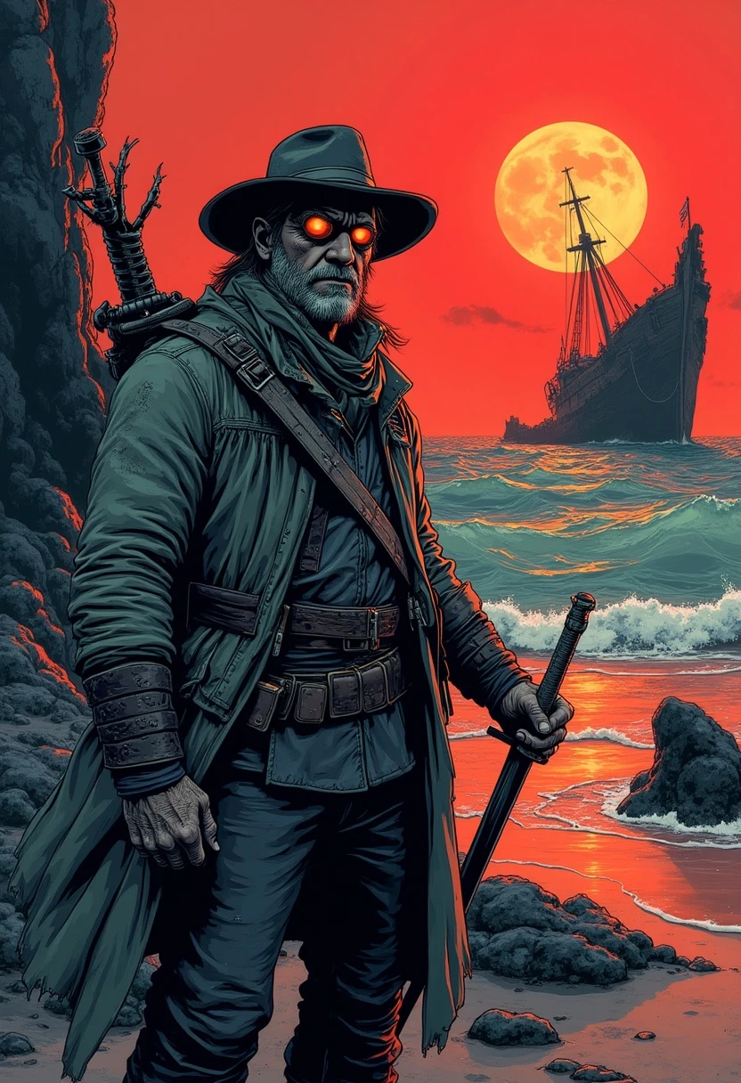 Bande dessine, franco-belgian comics, french comic book style, ligne claire, clear line, comic book art, comic book style, comic book illustration, comic book drawing, comic book art style, vibrant, detailed, action-packed, dynamic, comic book aesthetic, A stylized French comic book illustration featuring a rugged sailor who is also a seasoned fighter. He wears a tattered naval coat over leather armor, a sabre at his hip, and a harpoon slung across his back. His weathered face is shadowed under a wide-brimmed hat, eyes reflecting the glow of a dying, dark red sun hanging low in the sky. The setting is a surreal shoreline with black sand and jagged coral spires rising from crimson waters. In the background, a massive, twisted shipwreck looms like a skeletal beast. Use moody colors, bold ink lines, and expressive poses typical of bandes dessinées. Dynamic composition, mysterious atmosphere, windswept and grim.