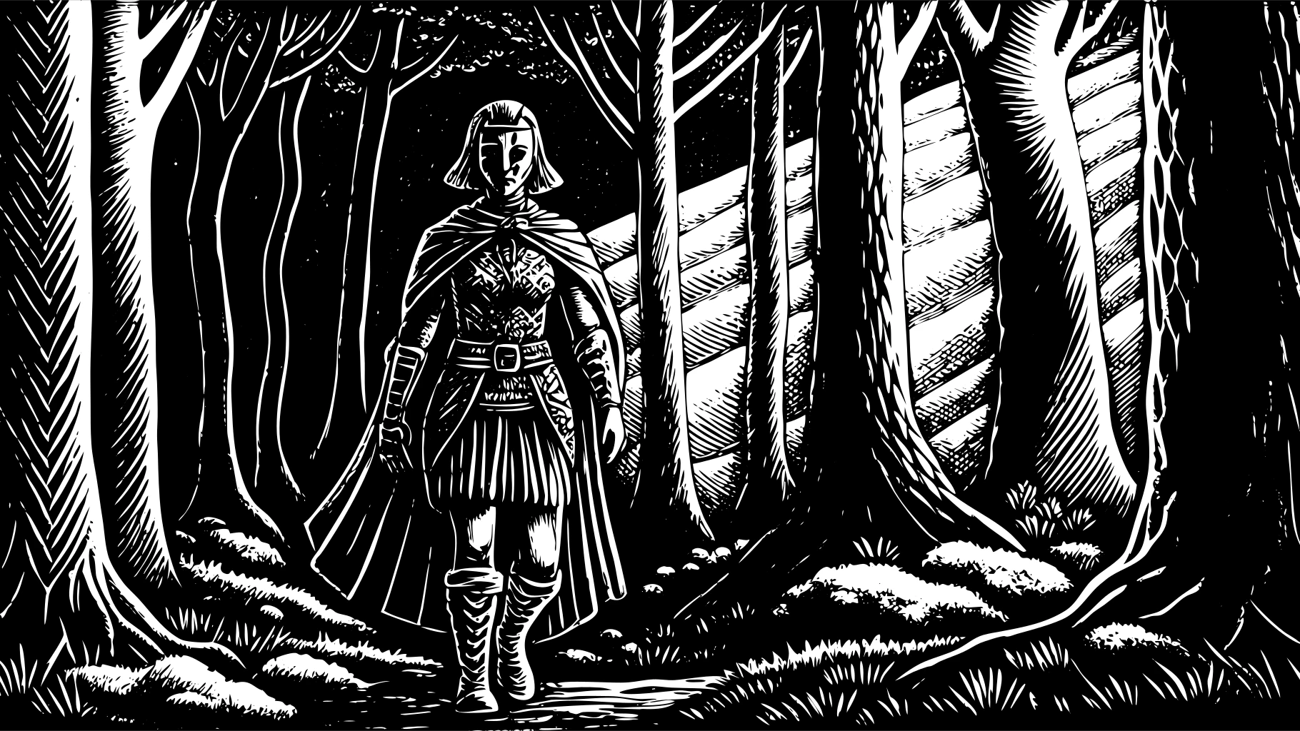 Elven warrior queen in armor walking through an enchanted forest, glowing runes on trees