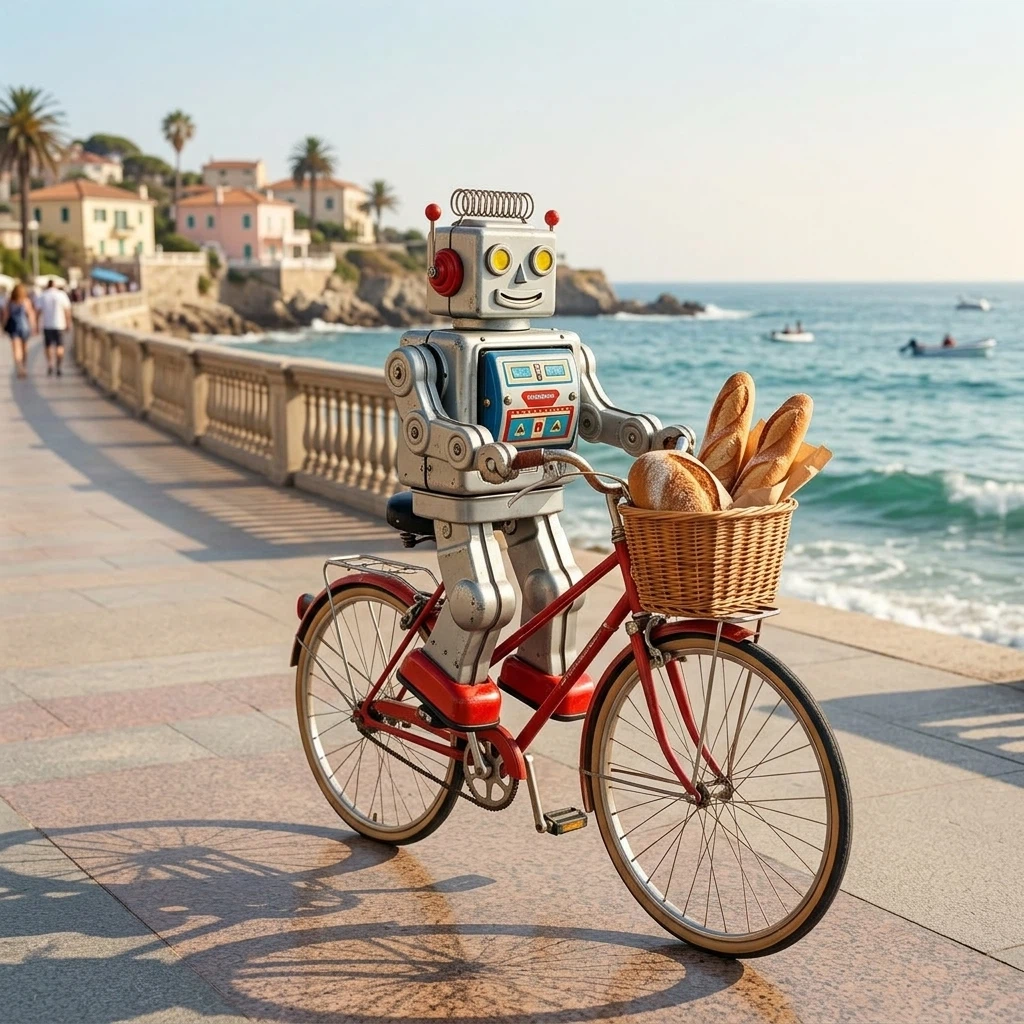 Make the tin robot from the first image ride the red bicycle from the second image down a sunny seaside promenade, pedaling happily with a small basket of fresh bread on the front. Keep the robot's design and the bicycle's design unchanged, playful photorealistic scene.