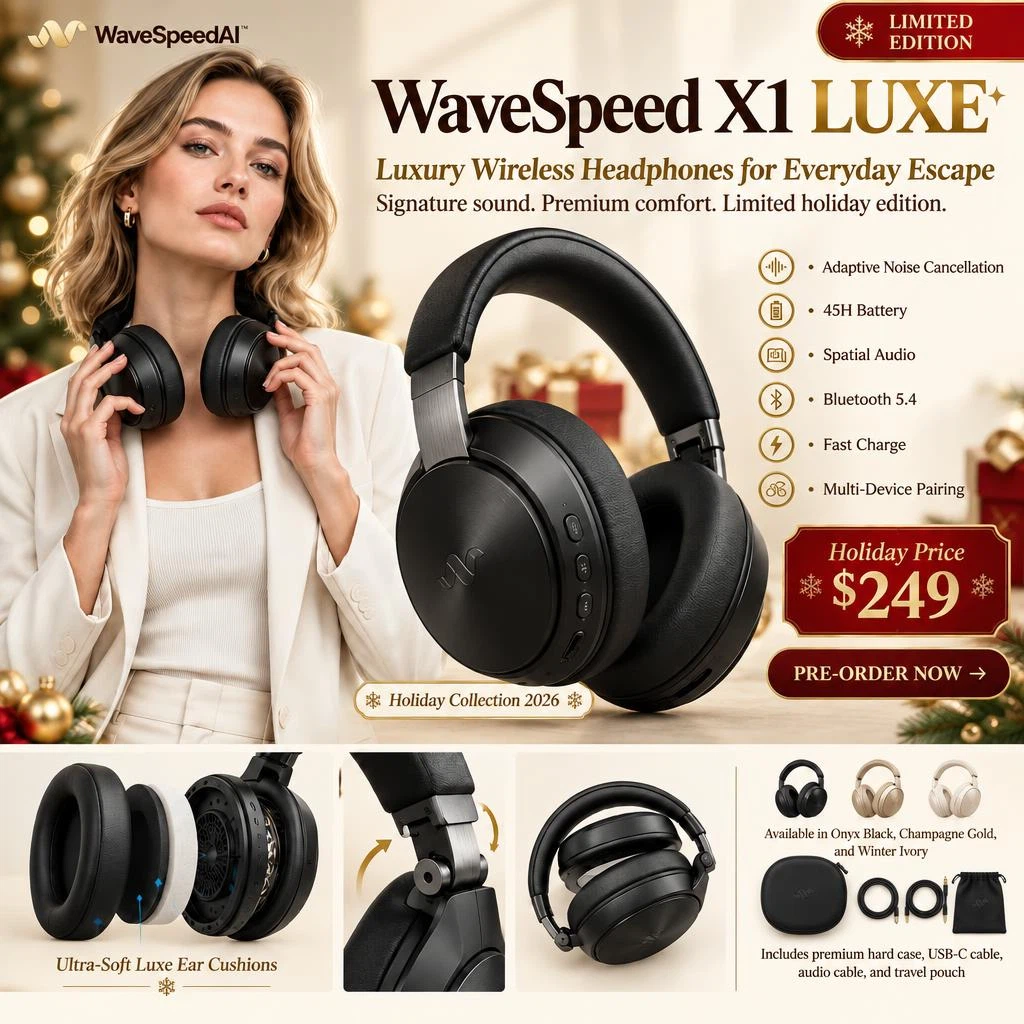 Preserve the same woman, same face, same pose, same headphones product design, same overall layout structure, same camera angle, and the same premium commercial advertising style.
Redesign the image into a bold limited-edition holiday launch campaign while keeping the poster highly polished and product-focused.
Change the color accents from subtle blue to deep red and warm gold. Update the typography styling to feel slightly more festive and luxurious, while preserving clean commercial readability and strong layout hierarchy.
Replace the text exactly as follows, keeping all text perfectly spelled, aligned, and clearly legible:
Change the main headline from:
“WaveSpeed X1”
to:
“WaveSpeed X1 LUXE”
Change the subheadline from:
“Wireless Headphones for Focused Listening”
to:
“Luxury Wireless Headphones for Everyday Escape”
Change the marketing line from:
“Immersive sound. All-day comfort. Up to 40 hours battery life.”
to:
“Signature sound. Premium comfort. Limited holiday edition.”
Change the feature list to:
“• Adaptive Noise Cancellation”
“• 45H Battery”
“• Spatial Audio”
“• Bluetooth 5.4”
“• Fast Charge”
“• Multi-Device Pairing”
Change the price badge from:
“Launch Price $199”
to:
“Holiday Price $249”
Change the call-to-action button from:
“SHOP NOW”
to:
“PRE-ORDER NOW”
Change the small bottom text from:
“Available in Black, Silver, and Sand”
to:
“Available in Onyx Black, Champagne Gold, and Winter Ivory”
Change the small accessory line from:
“Includes carrying case, USB-C cable, and 3.5 mm audio cable”
to:
“Includes premium hard case, USB-C cable, audio cable, and travel pouch”
Change the small product callout from:
“Premium Memory Foam Cushions”
to:
“Ultra-Soft Luxe Ear Cushions”
Change the small corner label from:
“NEW”
to:
“LIMITED EDITION”
Add one extra small elegant label near the product close-up:
“Holiday Collection 2026”
Keep the product rendering realistic and detailed, preserve the woman's identity and styling, and ensure all updated text is sharp, professional, and perfectly readable. Premium commercial product poster, photorealistic, polished, typography-rich, visually refined.