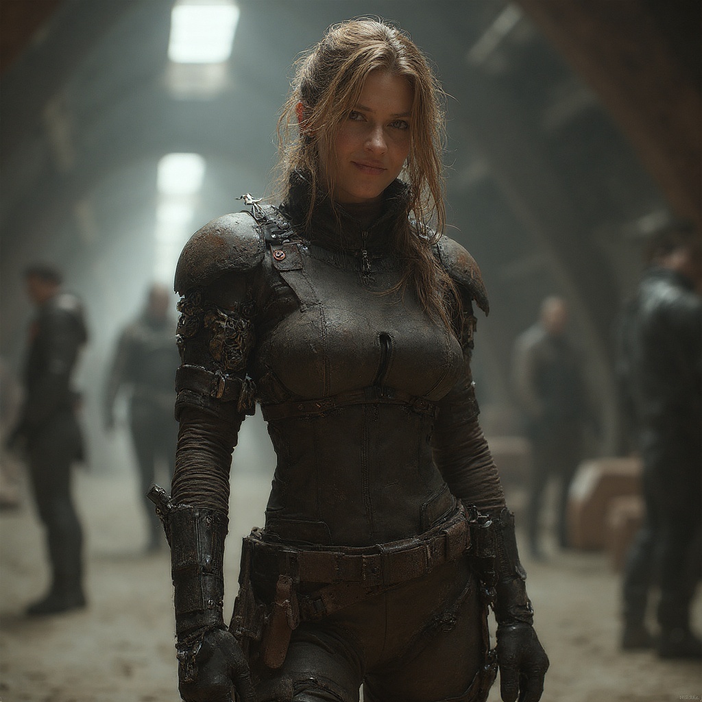 character concept art, full body portrait of a rogue space pirate, female with a cybernetic arm and a confident smirk, wearing worn leather armor over a high-tech suit, standing in the hangar of a gritty spaceship, detailed, dynamic pose, trending on ArtStation.