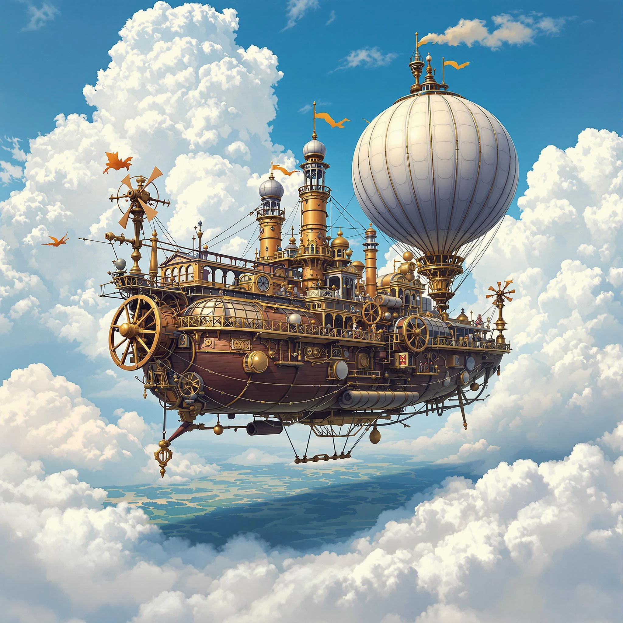 A grand steampunk airship soaring through the sky, with intricate brass and copper details, large propellers spinning, and a massive balloon filled with hot air. The airship is adorned with Victorian-style architecture, featuring ornate railings and decorative elements. The sky is a brilliant blue with fluffy white clouds, and the airship casts a shadow on the landscape below. The scene conveys a sense of adventure and exploration