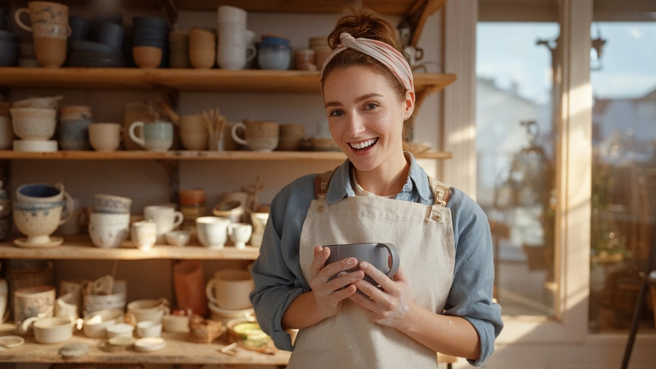 An authentic and joyful commercial lifestyle photograph for an artisan brand, masterpiece, (photorealistic:1.3), warm and inviting, ultra-detailed, 8K. A charming female potter in her early 30s, her hair tied in a messy bun with a headband, a single, endearing smudge of dry clay on her cheek. Her smile is genuine and infectious. She wears a practical canvas apron over a comfortable linen shirt. She stands proudly in her beautiful, sun-drenched pottery studio. The shelves behind her are artfully arranged with her own handcrafted ceramics – mugs, bowls, and vases in earthy tones. Warm, golden hour sunlight streams through a large window, creating a beautiful atmospheric haze and making dust particles sparkle in the air. She is holding her favorite, newly-fired mug in both hands, presenting it to the camera like a treasure, her expression radiating the pure joy of creation and inviting the viewer to share in her passion.