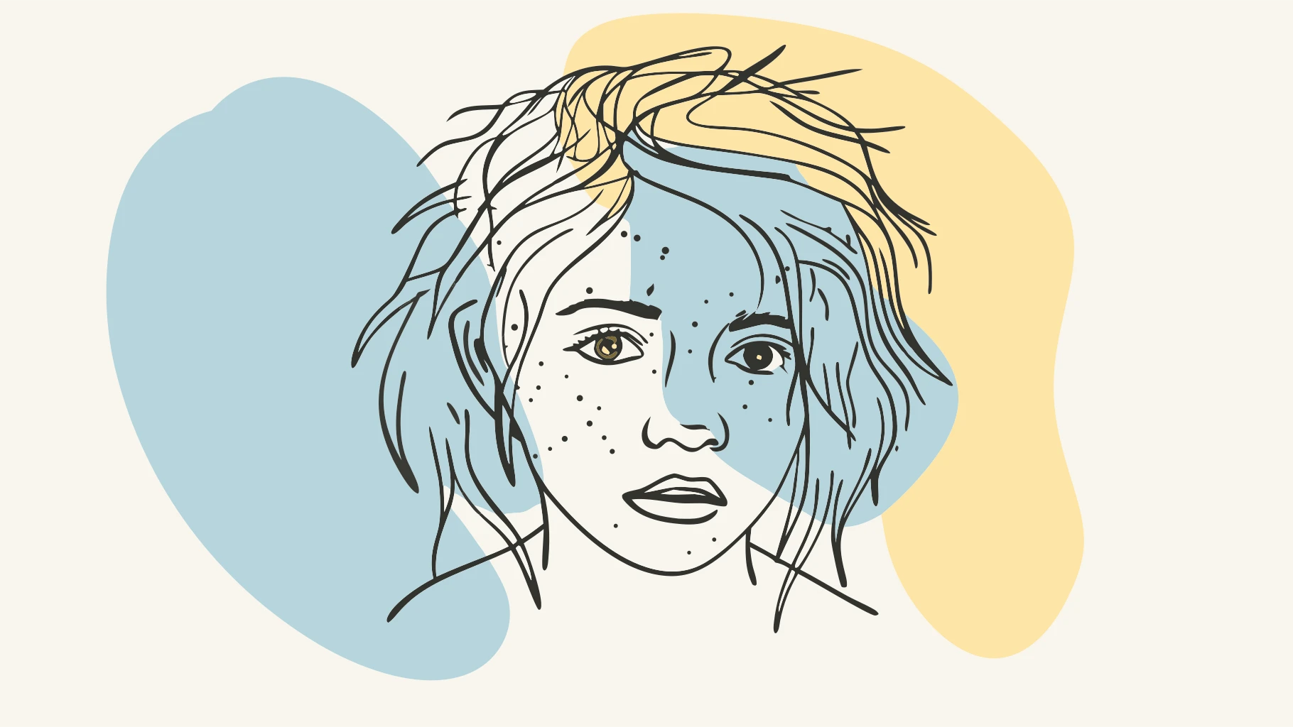 Close-up portrait of a freckled teenage girl with messy hair and intense eyes