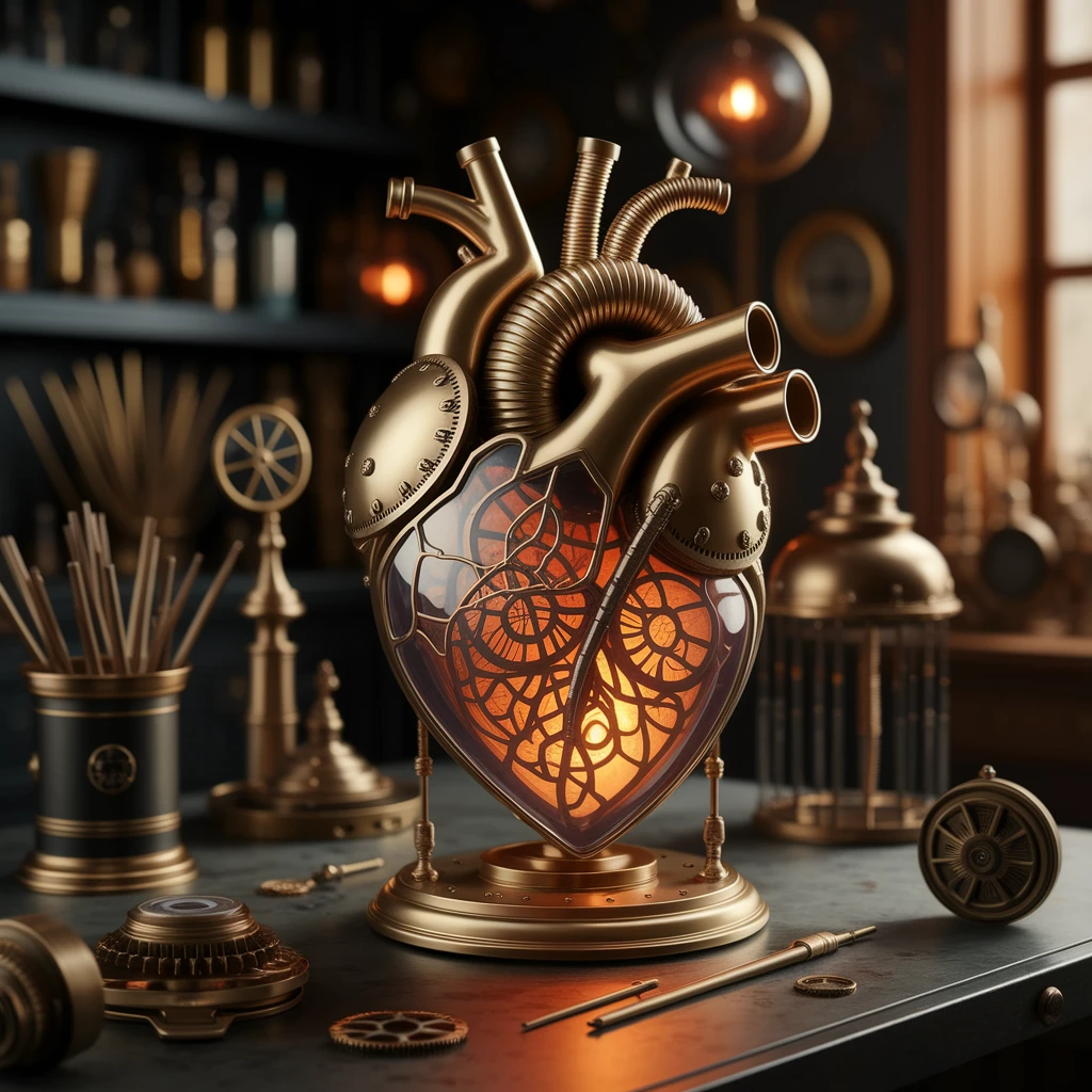 In a Victorian workshop, a mechanical heart made of brass, glass, and intricate gears beats rhythmically on a table, glowing with a warm orange light from within. Close-up shot, focus on the spinning gears, full of delicate craftsmanship and retro-tech feeling.