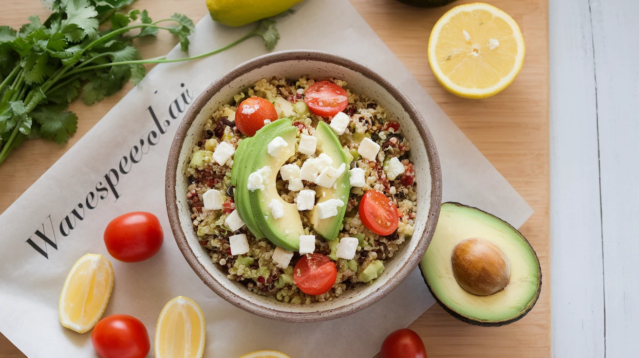 A vibrant and delicious-looking flat lay photo for a food blog. A rustic ceramic bowl is filled with a colorful quinoa salad, topped with avocado slices, cherry tomatoes, and feta cheese. Around the bowl are fresh ingredients like a lemon and a sprig of cilantro. The title 'WavespeedAI' is written on a piece of parchment paper next to the bowl. photo, food photography, top-down view, bright and airy.