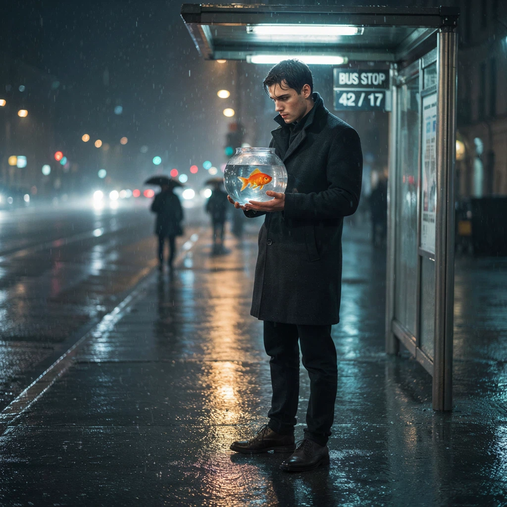A handsome young man standing alone at a rainy city bus stop at night, wearing a dark wool coat and holding a round glass fishbowl with a bright orange goldfish inside. The bus stop light reflects on the wet pavement, and passing car lights streak softly in the background. His expression is thoughtful and slightly melancholic, while the goldfish seems to be staring out at the city. Cinematic urban realism, beautiful reflections, emotional atmosphere, highly detailed.
