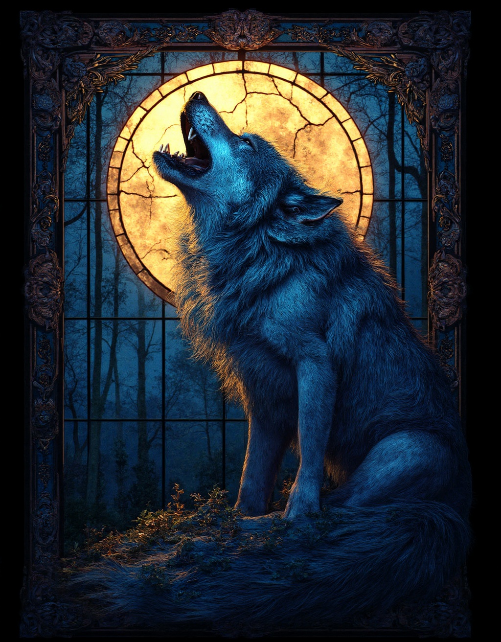 A majestic wolf howling at a full moon, depicted as a beautiful stained glass window, intricate lead lines, vibrant jewel-toned colors, glowing light filtering through the glass, dramatic and beautiful