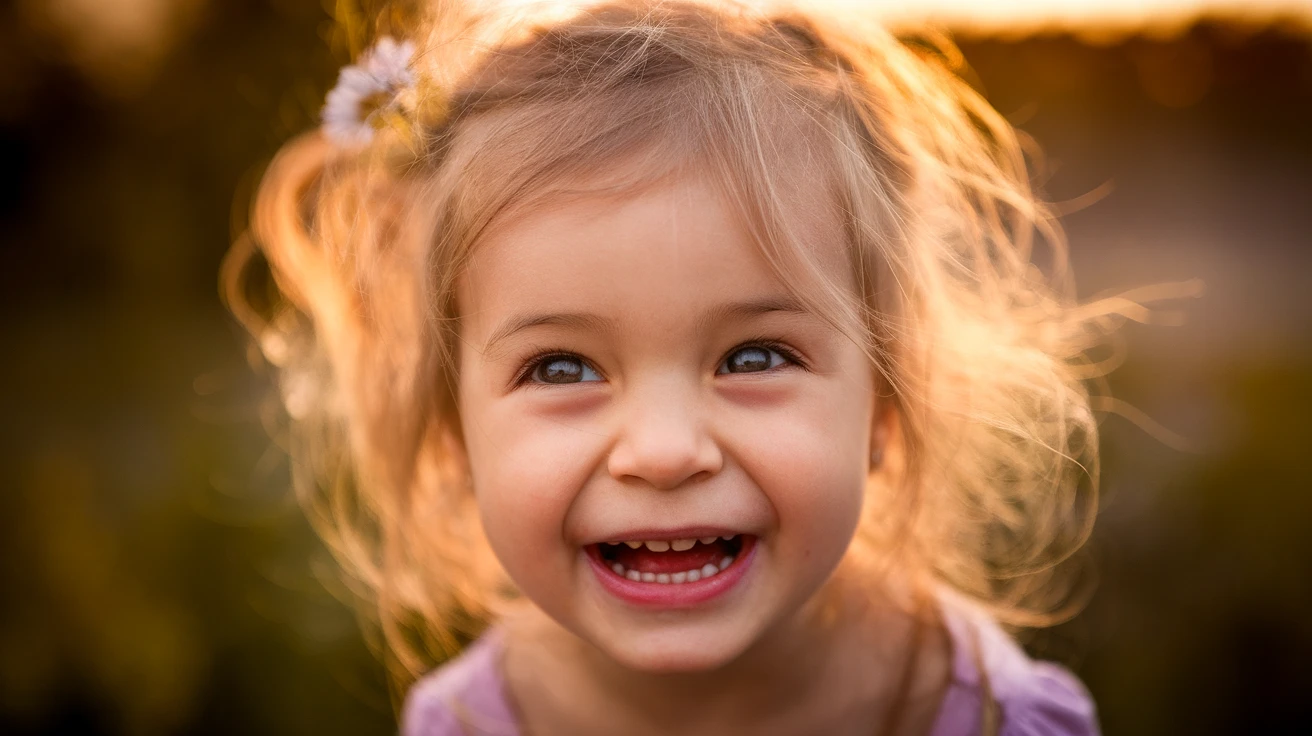 A close-up photograph of a 6-year-old girl with bright, curious eyes, laughing heartily. She has messy blonde hair with a few wildflowers tucked into it. The photo is taken outdoors during the golden hour, with warm, golden sunlight backlighting her hair, creating a beautiful halo effect. Extremely detailed, sharp focus on her eyes, joyful, photorealistic.