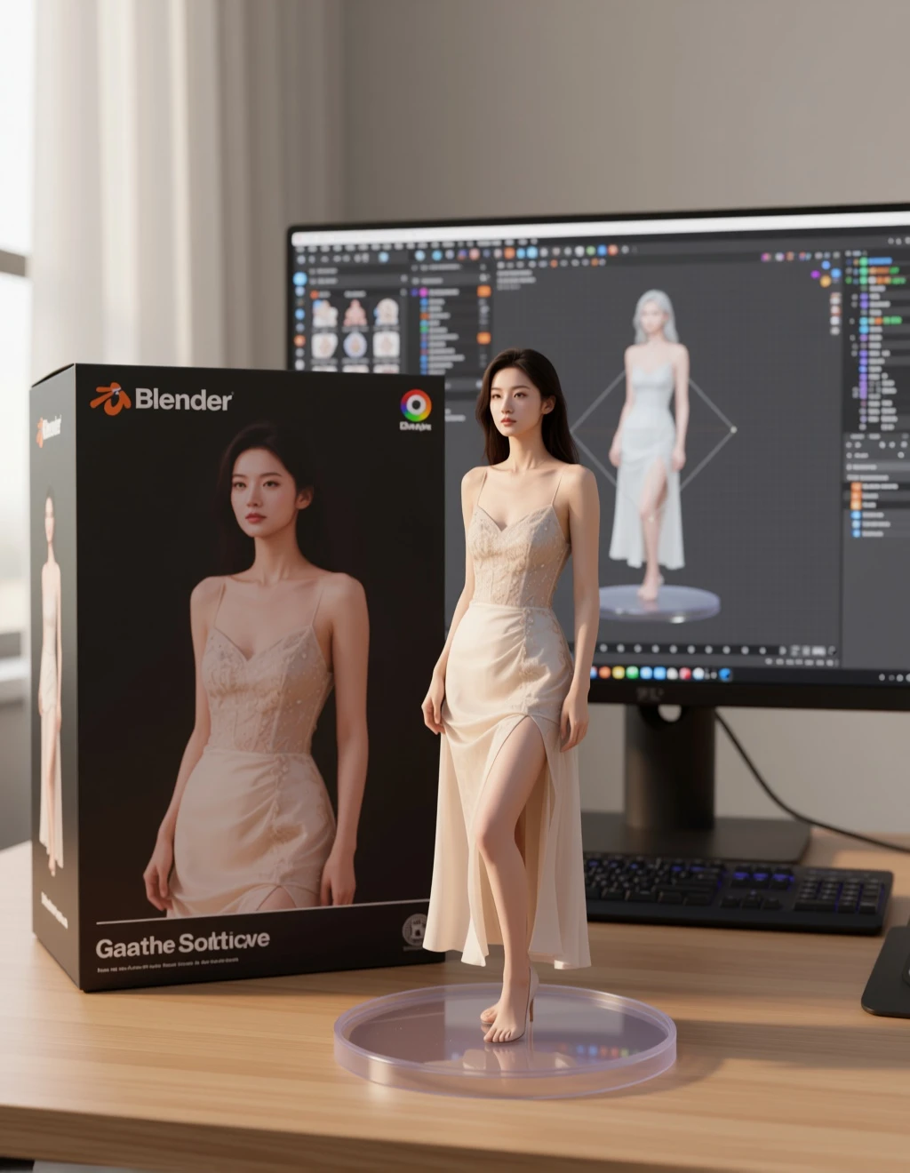 Turn this photo into a character figure. Behind it, place a box with the character's image printed on it, and a computer showing the Blender modeling process on its screen. In front of the box, add a round plastic base with the character figure standing on it .set the scene indoors if possible.