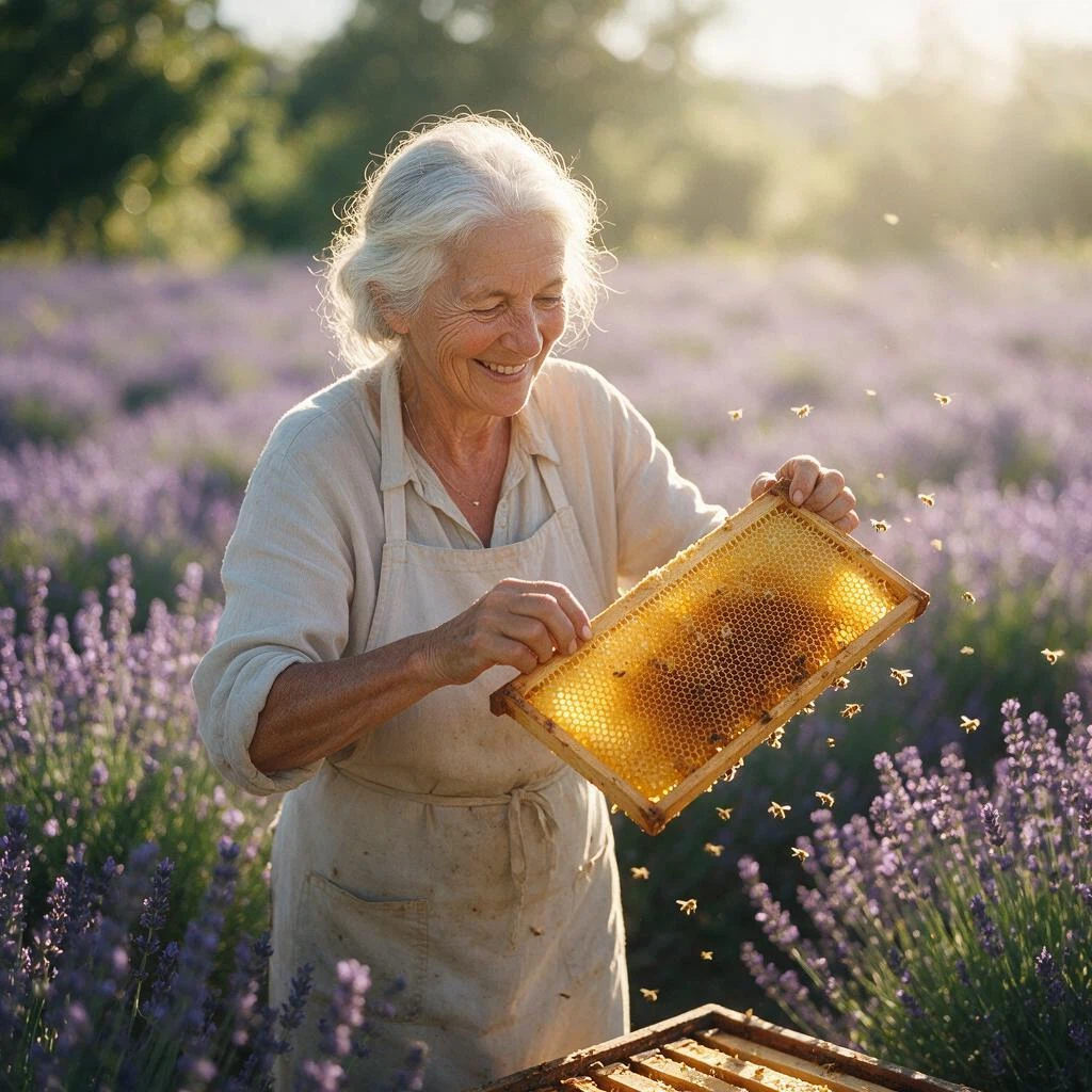 An elderly woman beekeeper with silver hair and a warm smile inspecting a golden honey