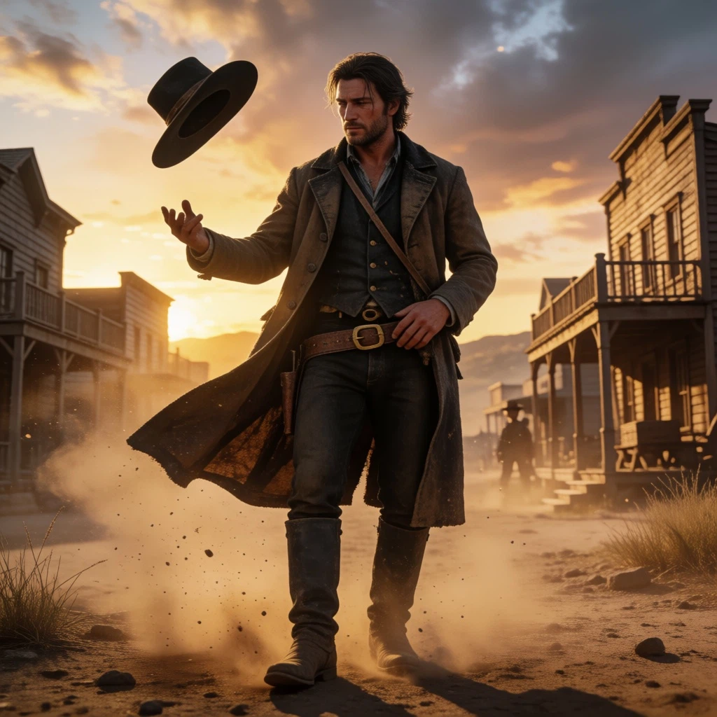 A rugged handsome foreign man standing in a dusty frontier town at sunset, captured in the moment of tossing a wide-brimmed hat upward with one hand while the other rests near his belt, long coat moving in the wind, leather boots, subtle stubble, golden dust in the air, cinematic western art style, dramatic backlight, richly textured realism.
