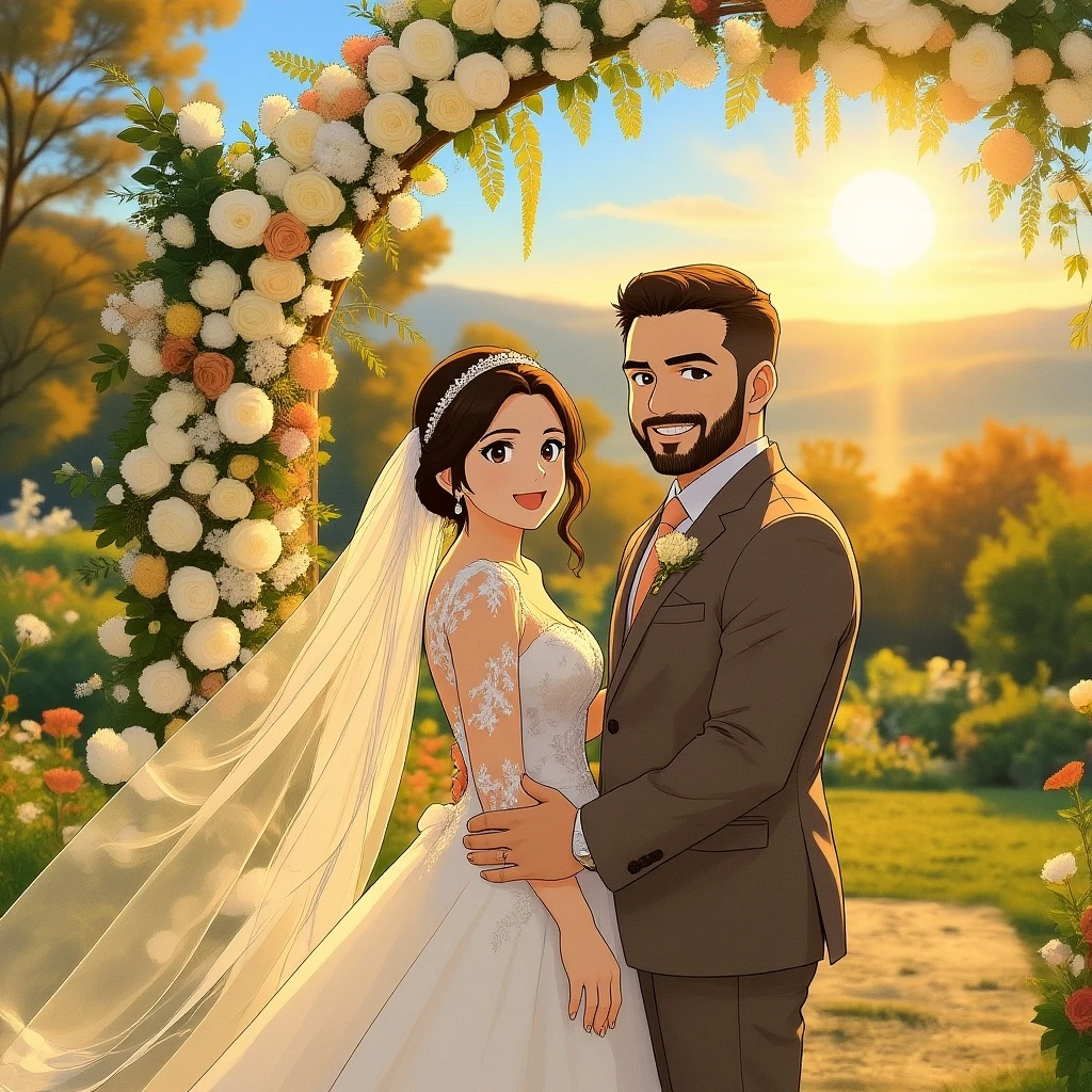 Transform the image into detailed anime style. Keep the original composition and layout, but render all characters with smooth outlines, large expressive eyes, vibrant hair colors, and soft cel-shading. Background should resemble high-quality anime scenes — painterly skies, stylized lighting, and subtle gradients. Make it feel like a frame from a cinematic anime.