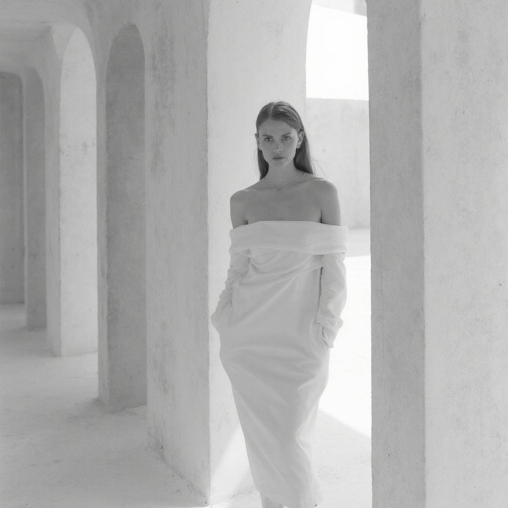 A minimalist, black and white photograph of a model with androgynous features, posed inside a brutalist architectural structure. The model wears a stark, sculptural white dress with clean lines. The composition is all about geometric shapes and the interplay of light and shadow, creating a sense of quiet intensity. Think Helmut Newton meets modern architecture.