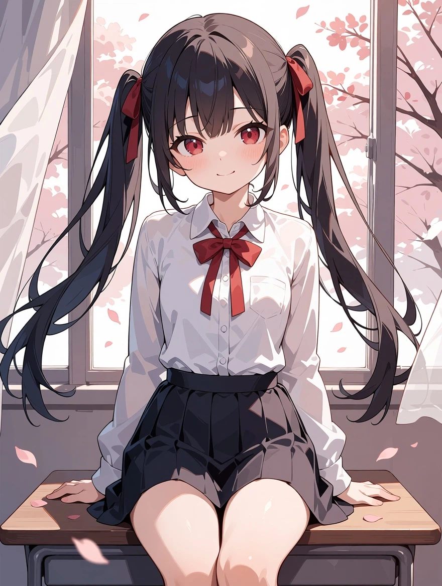 masterpiece, best quality, 1girl, solo, black twintails, red eyes, school uniform, red ribbon, sitting by a classroom window, afternoon sunlight, curtains blowing, cherry blossom petals, looking at viewer, soft smile, detailed background