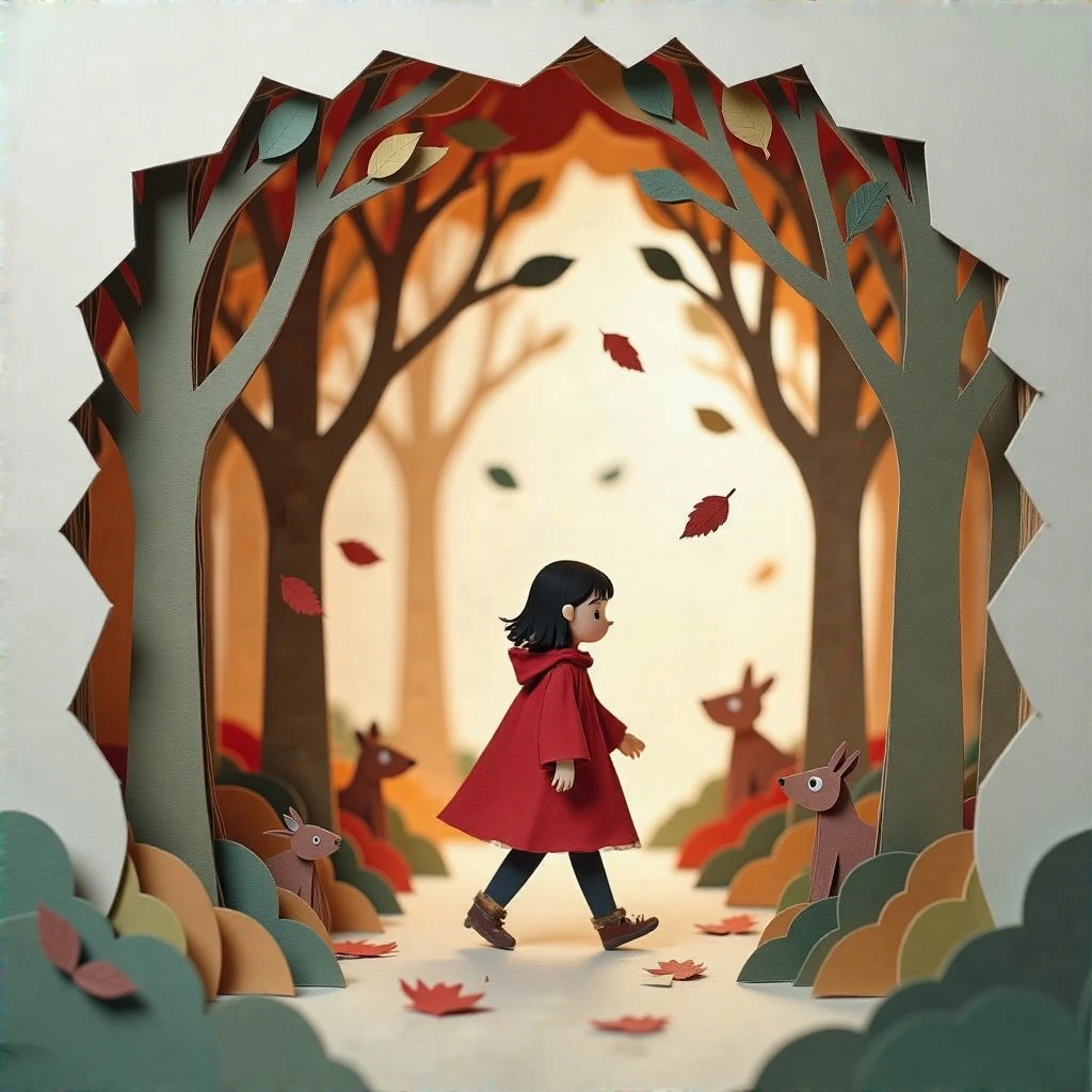 A paper cutout-style girl in a red cloak walks through a handcrafted forest made of layered paper trees, with stop-motion animation and textured shadows. Leaves swirl like torn construction paper, and animals made of folded cardboard peek from behind trees. The visual feels warm, handmade, and whimsical — like a children's storybook brought to life through charming analog motion.