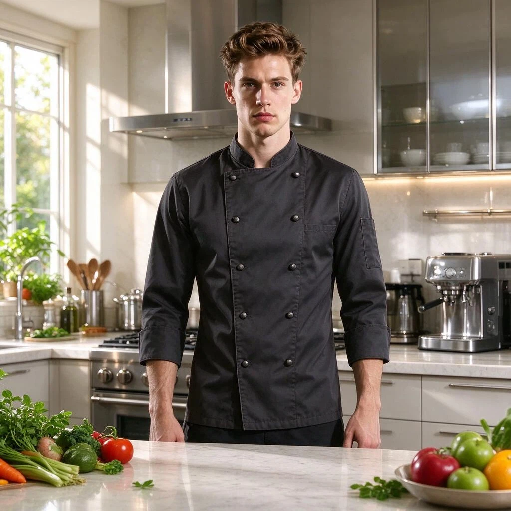 Transform this image into a premium kitchen appliance commercial. Preserve the chef's face, chef jacket, posture, and kitchen composition. Upgrade the kitchen into a bright, modern luxury kitchen with elegant countertops, warm sunlight, polished appliances, clean reflections, fresh ingredients, and a professional lifestyle advertisement atmosphere. Keep it realistic, clean, warm, and trustworthy.