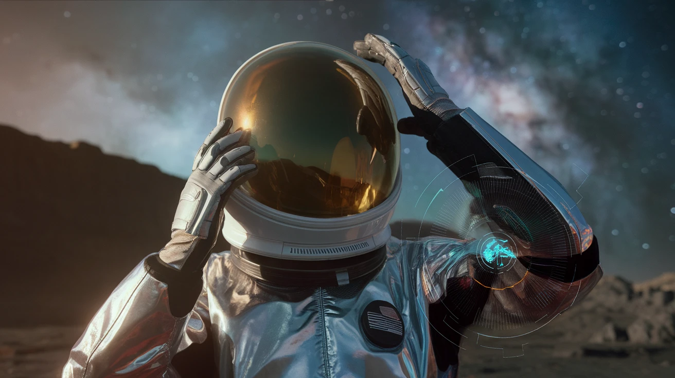 Space explorer removing helmet on an alien planet, galaxy sky background, reflective suit, high-tech interface overlay, intense lighting and detail
