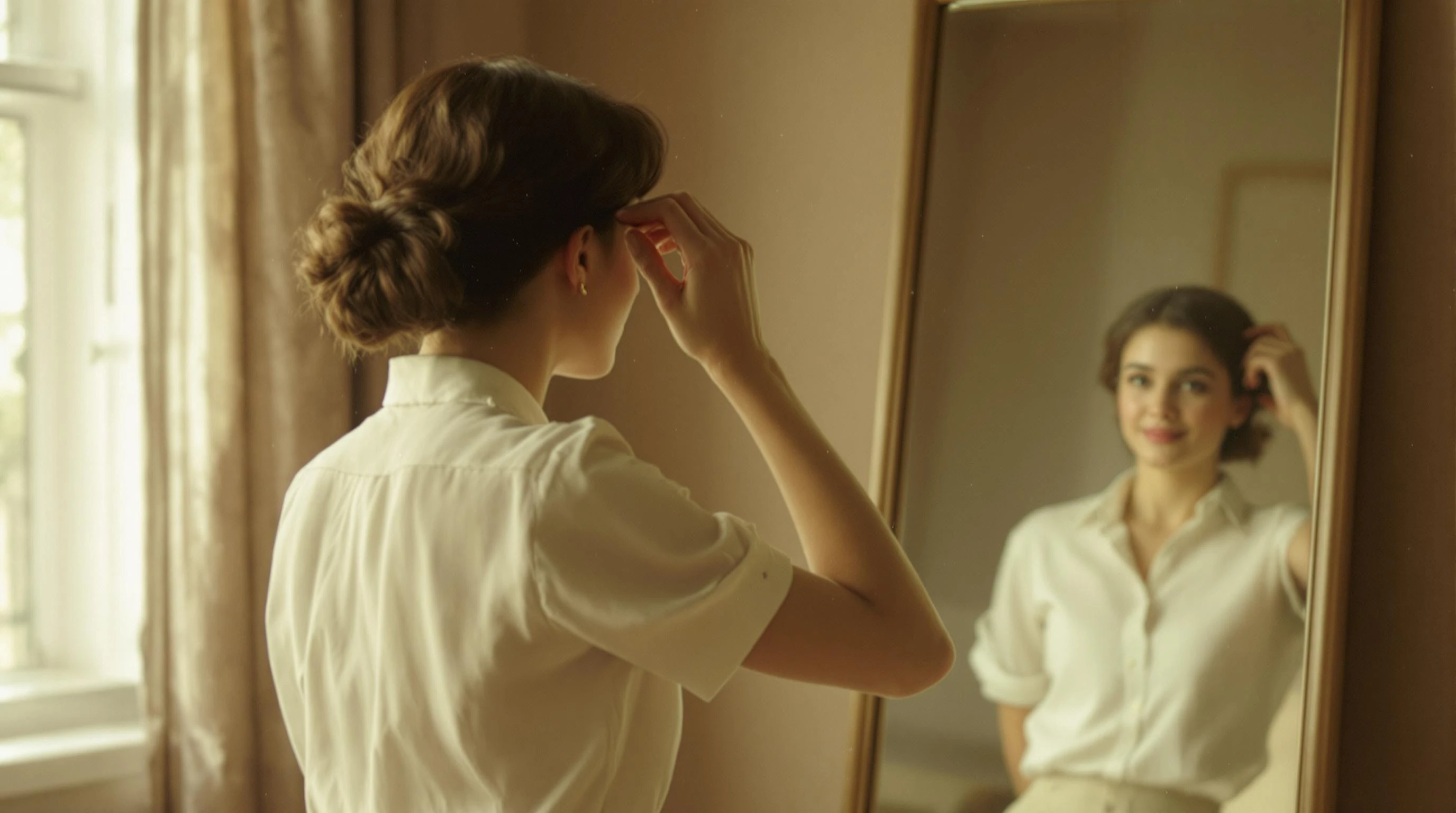 A vintage-style photograph of a young woman in a crisp white blouse gently adjusting her hair before a tall mirror. The room is softly lit by window light, and subtle dust particles float in the air. The mirror reflects a faded warmth, like a memory from the past.