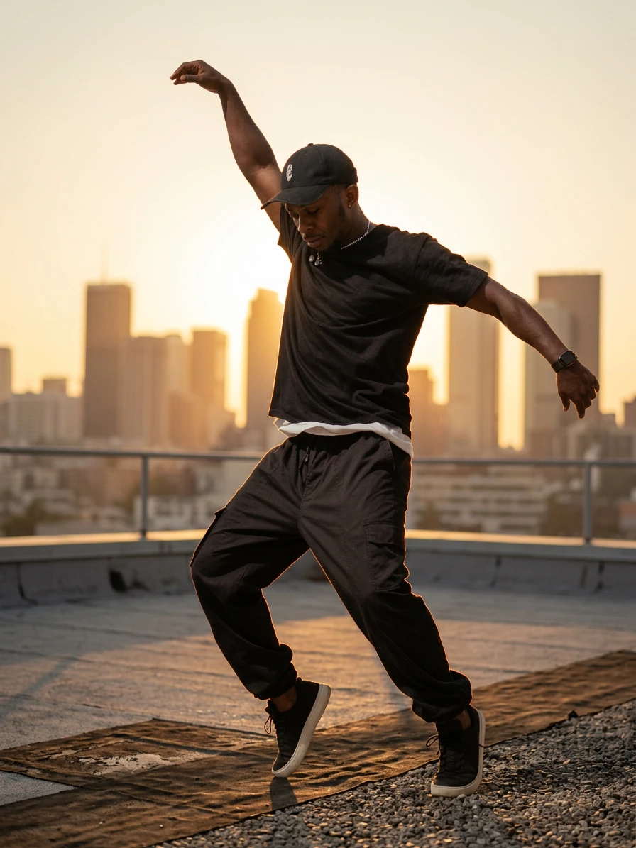 Keep the dancer exactly as-is. Replace background with a neon-lit Tokyo street at night — wet pavement reflecting pink and blue light, blurred pedestrians, Japanese signage. Same camera angle and perspective.
Maintain dancer pose and clothing. Change environment to an empty rooftop at golden hour, city skyline behind him, warm orange backlight creating a rim light effect around his silhouette.