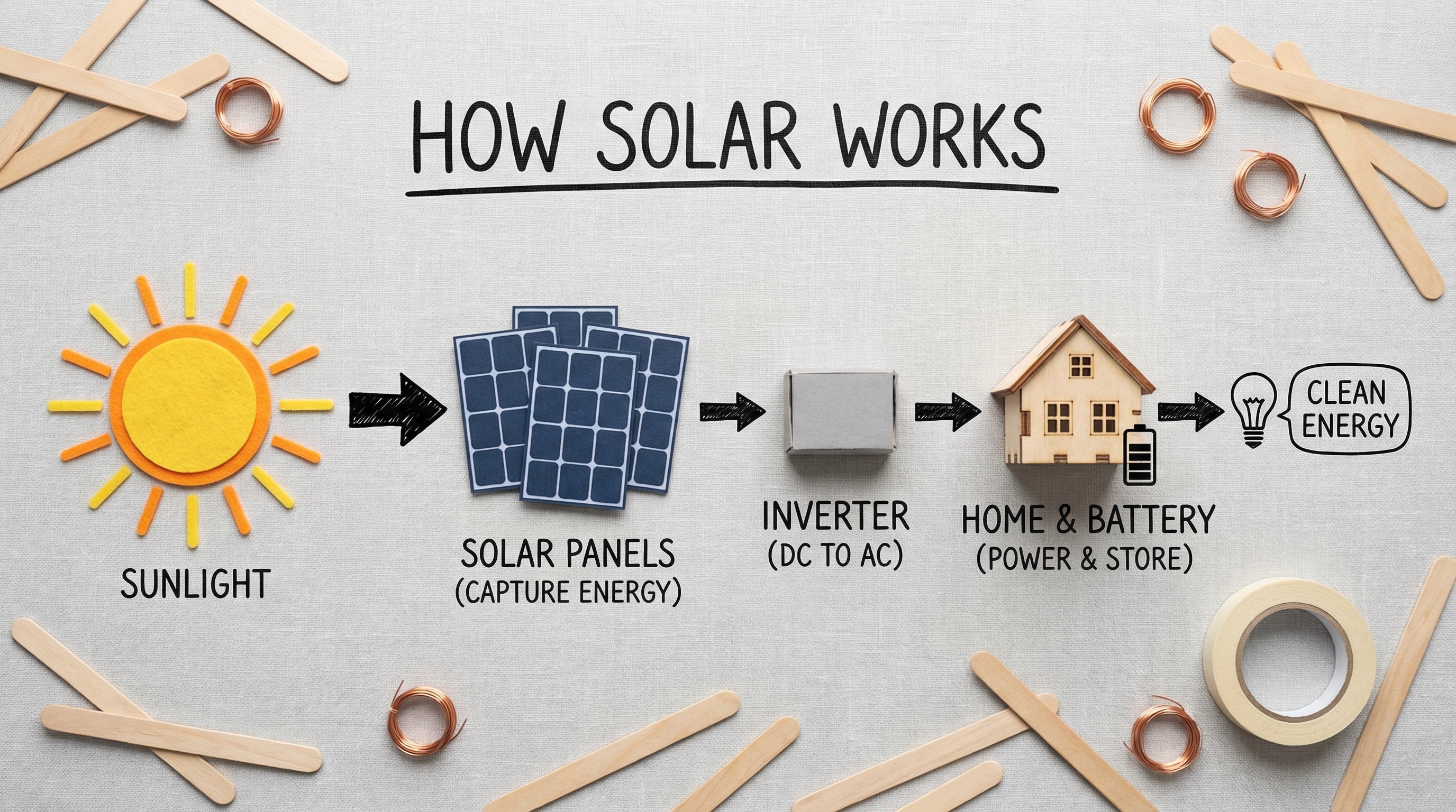 High-quality flat lay photography creating a DIY infographic that simply explains how solar energy works, arranged on a clean, light gray textured background. The visual story flows from left to right in clear steps: Content is based on this:https://wavespeed.ai/. Simple, clean black arrows are hand-drawn onto the background to guide the viewer's eye from the sun to the house, clearly marking the flow of energy. The overall mood is educational, modern, and easy to understand. The image is shot from a top-down, bird's-eye view with soft, even lighting that minimizes shadows and keeps the focus on the process. Format 16:9