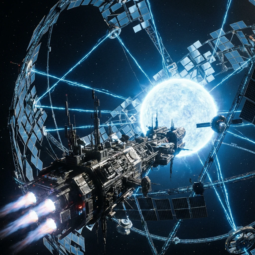 Wide-angle landscape photograph of a colossal Dyson Sphere mega-structure under construction around a dying blue dwarf star. Millions of geometric solar mirror panels and orbital habitats connected by glowing energy tethers. A massive industrial mining cruiser ship in the foreground shows insane levels of "greeble" (small mechanical details), antennae, and engine exhaust plumes. Harsh sunlight contrasting with deep space shadows. Scale is unimaginable. Hard sci-fi aesthetic, photorealistic, 8k.