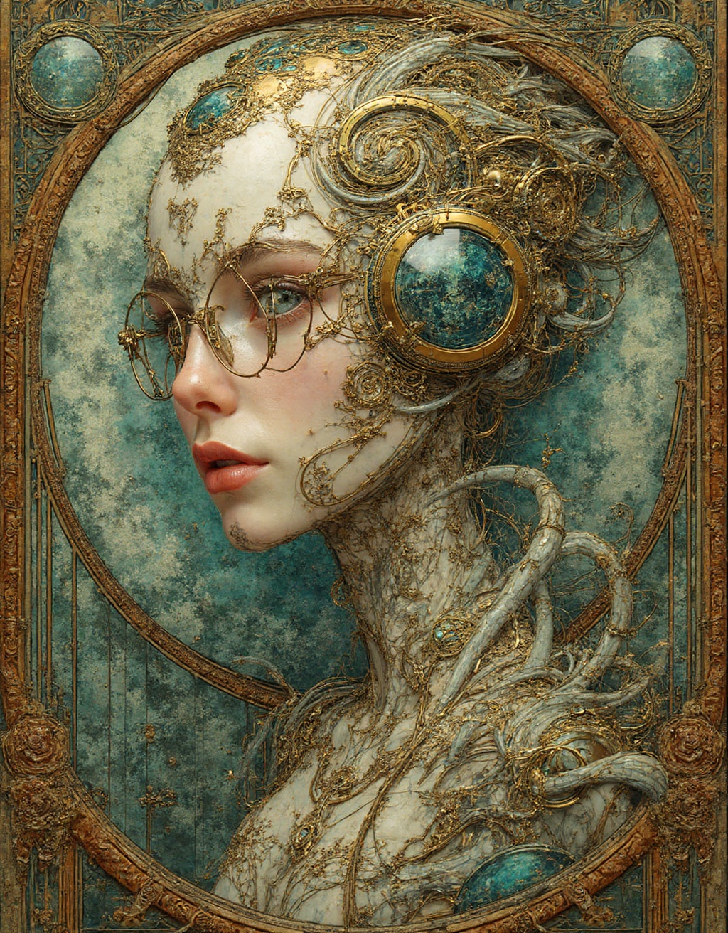 Art Nouveau style portrait of a cyberpunk android, intricate flowing lines and organic patterns integrated with futuristic cybernetics, stained glass and mother of pearl details, elegant and high-tech, style of Alphonse Mucha and Syd Mead