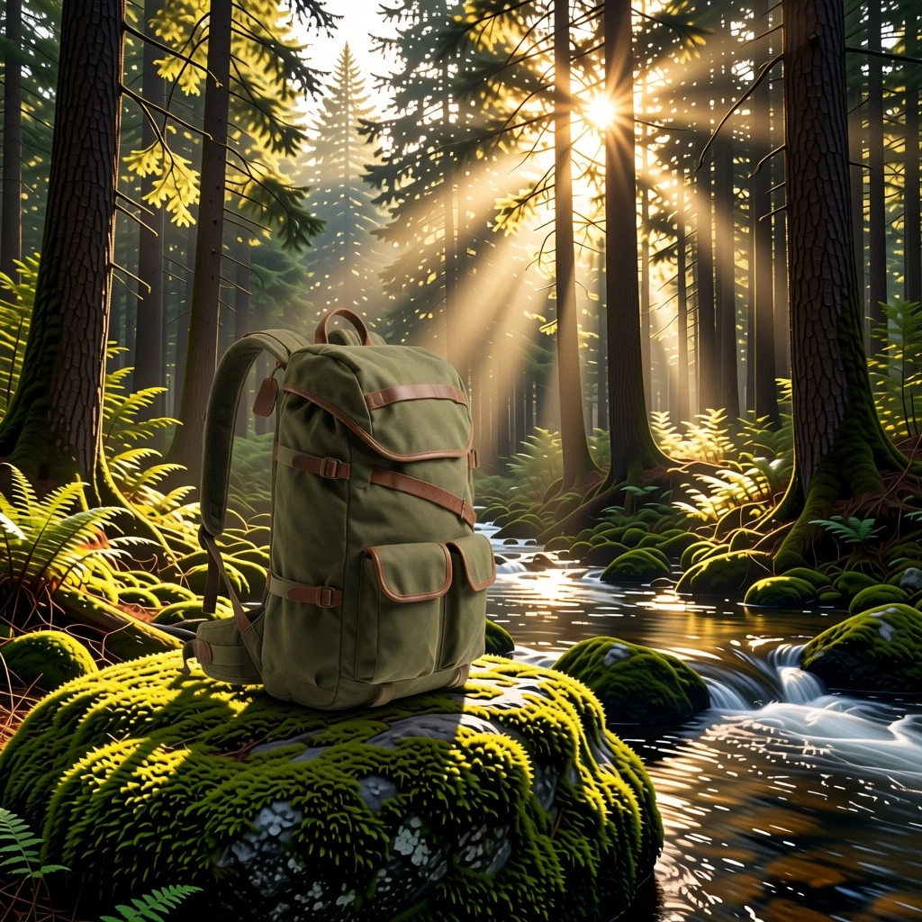 Place this exact backpack on a mossy rock beside a forest stream with morning sunbeams through tall pine trees. Photorealistic outdoor photography. Keep the backpack design, color and leather details exactly the same. No text, no captions, no logos.