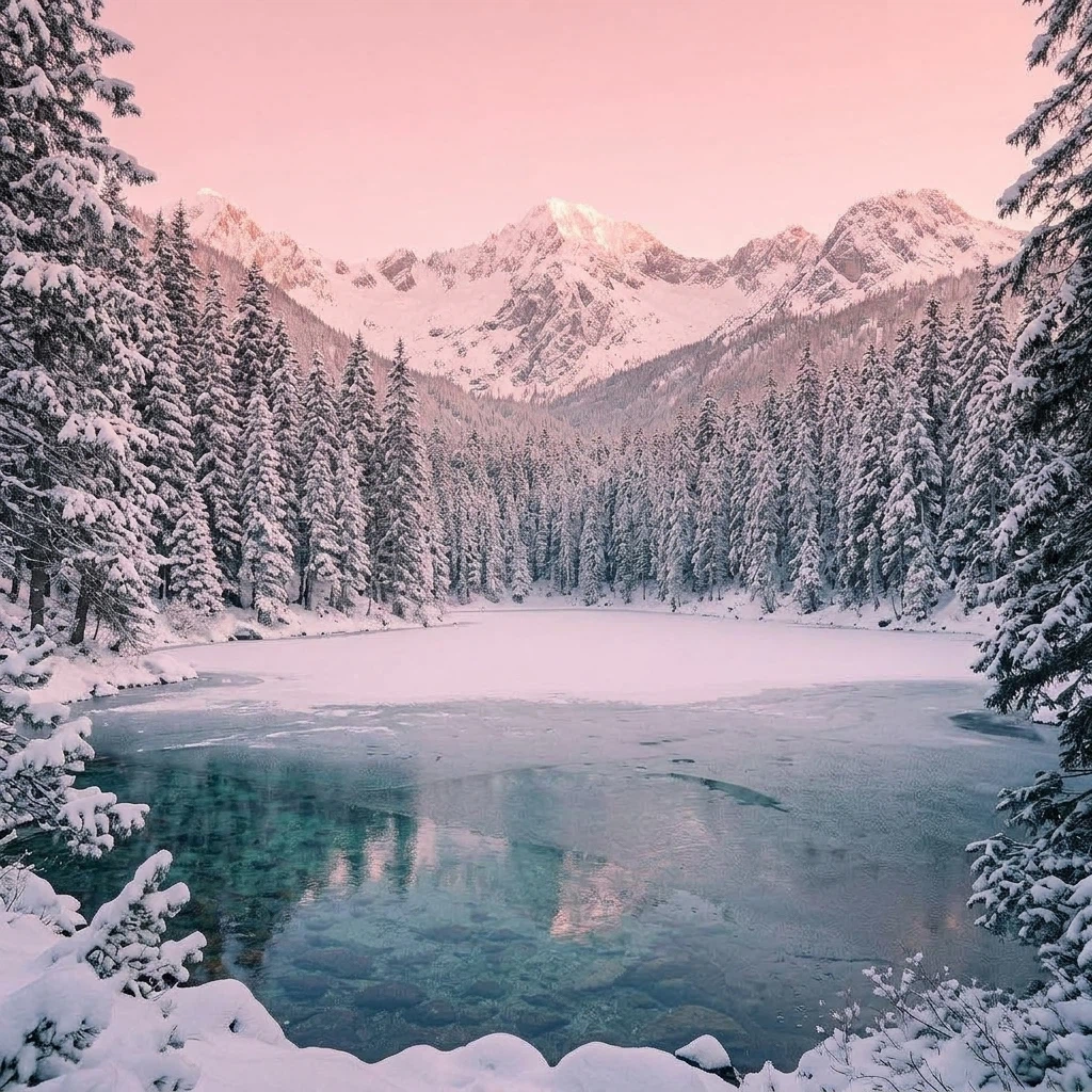 Change the season to deep winter. Keep the lake, mountains and camera angle the same, but freeze the lake surface with a thin layer of ice and snow, cover the pine trees in fresh snow, and make the sky clear with soft pink sunrise light.