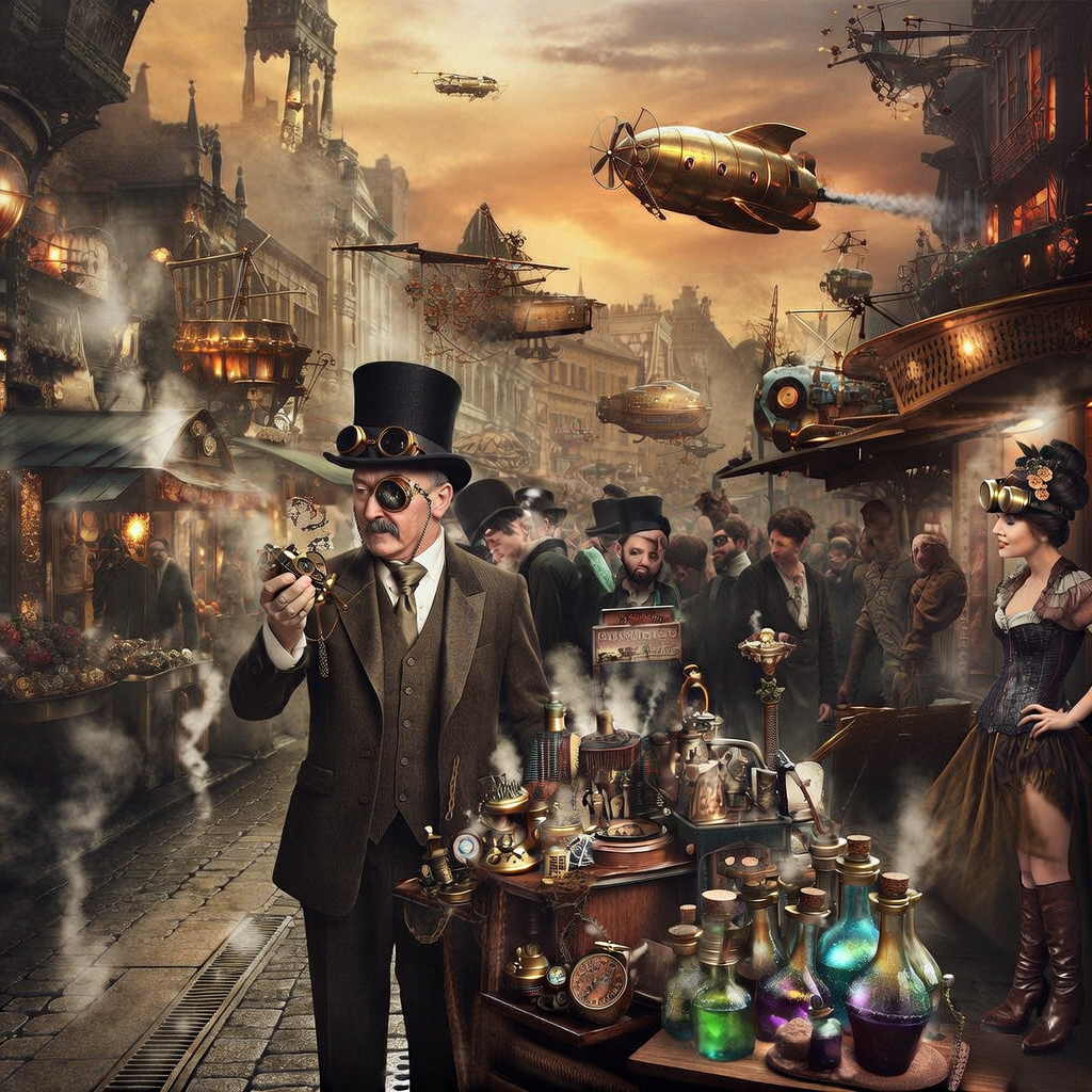 A bustling Victorian-era street market under a hazy, amber sky. Intricate brass airships and ornithopters clutter the air above. People in corsets, top hats, and goggles browse stalls selling bizarre clockwork gadgets and bubbling potions. Steam rises from grates in the cobblestone streets.