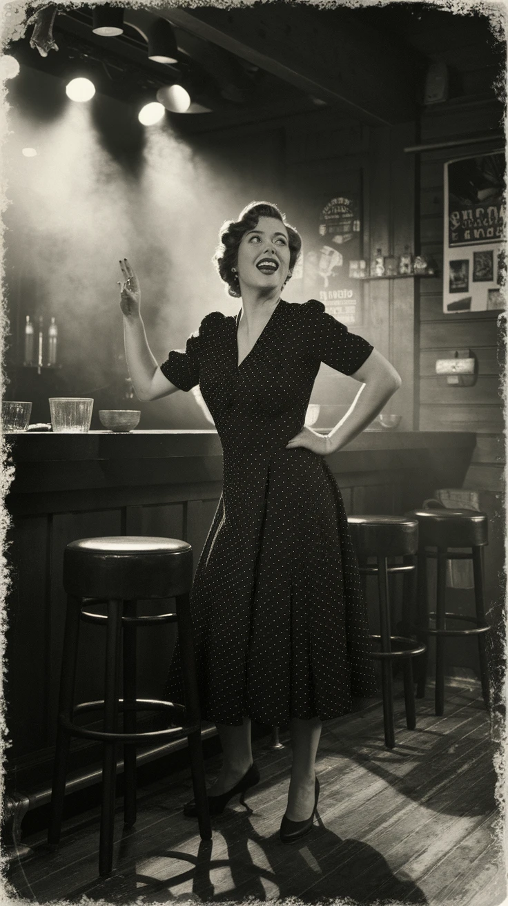 Vintage-style portrait of a jazz singer in a smoky bar, 1940s setting, black and white photography emulation, expressive pose, realistic film grain effect