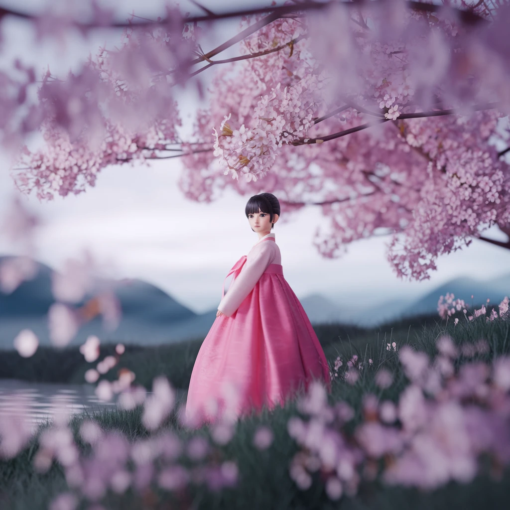 Korean girl in a hanbok standing under cherry blossoms, soft pastel tones, shallow depth of field, cinematic film look, photorealistic
