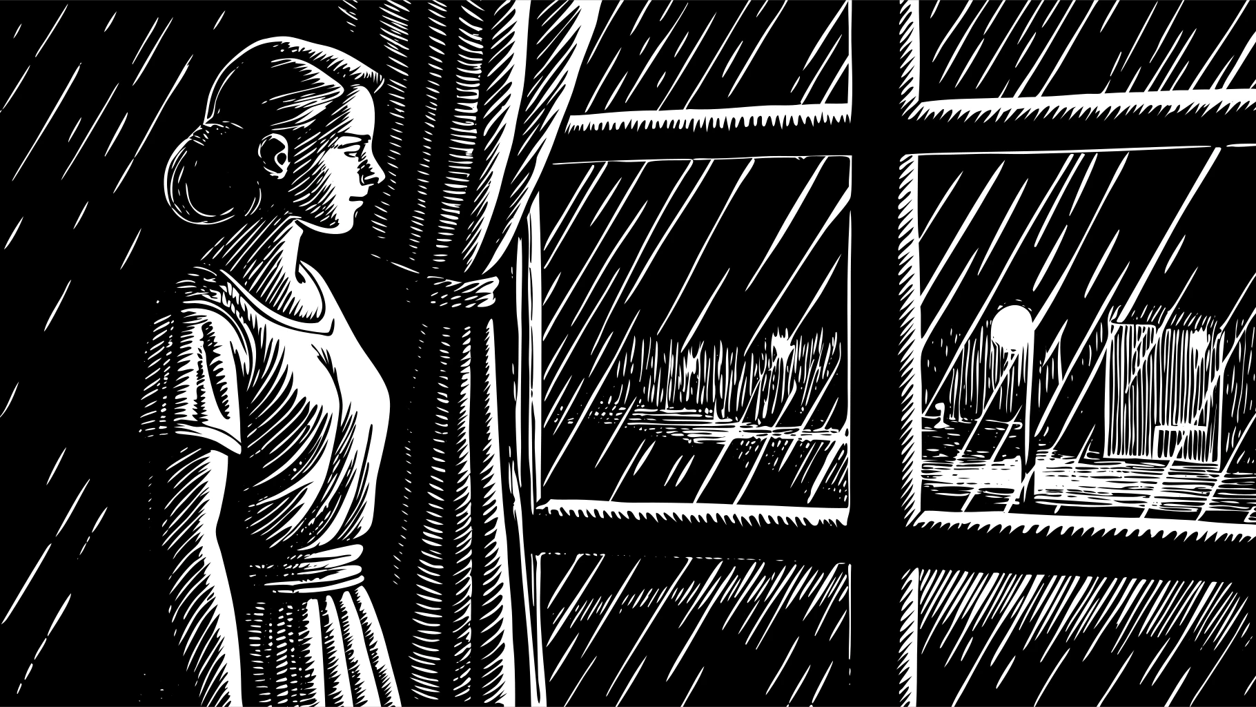 A woman in a dress standing beside a rainy window