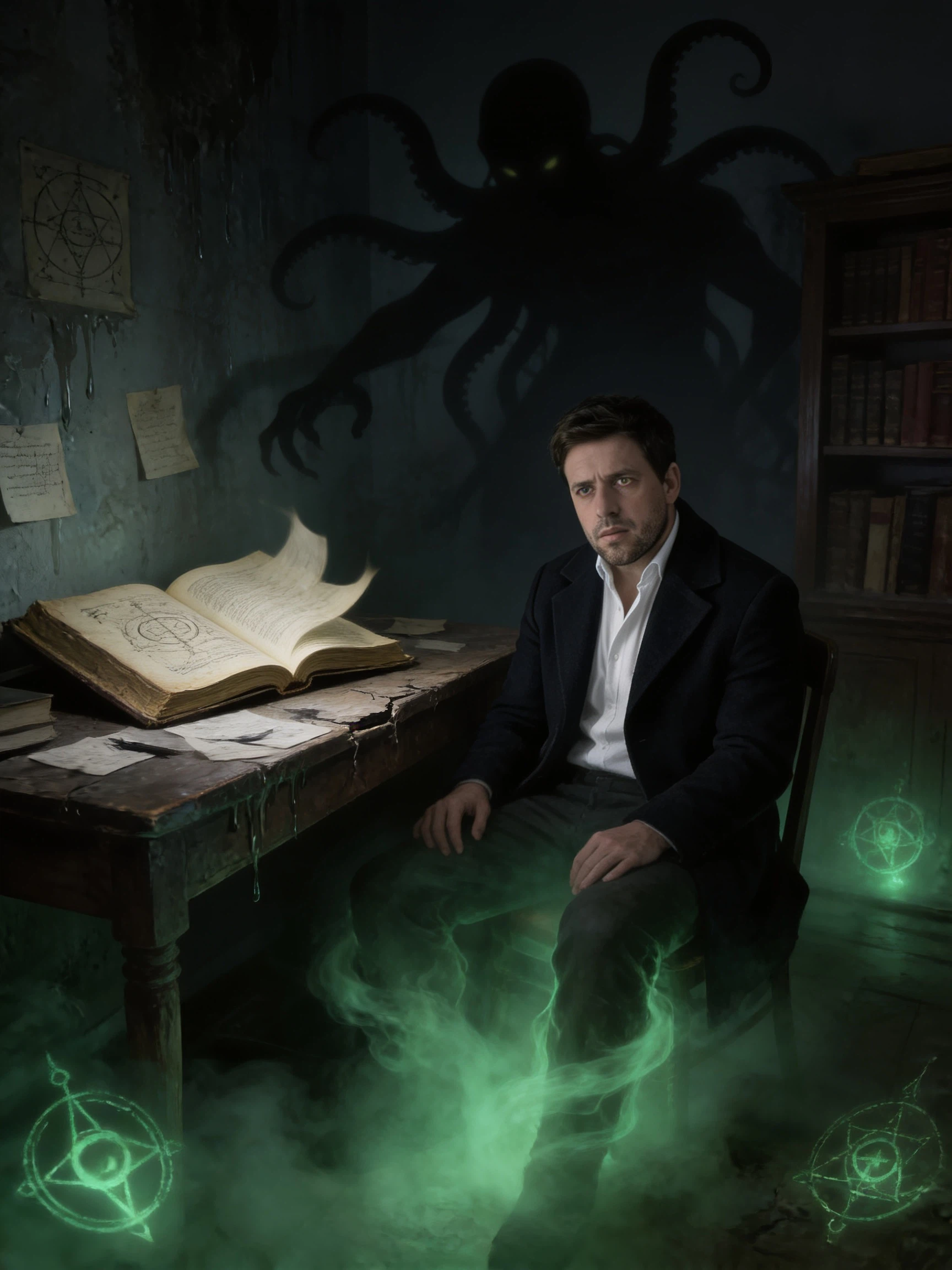 I want to generate 2 images. Transform this portrait into a Lovecraftian cosmic horror character poster. Preserve the man's face, identity, pose, coat structure, and exhausted expression. Replace the plain background with a dim, decaying study filled with ancient books, damp walls, and occult notes. Add faint greenish fog, subtle eldritch symbols glowing behind him, and a massive shadowy tentacled silhouette barely visible in the darkness above. Make his eyes look more haunted, as if he has seen something beyond human understanding. Keep it atmospheric, realistic, and psychologically disturbing rather than overly graphic.