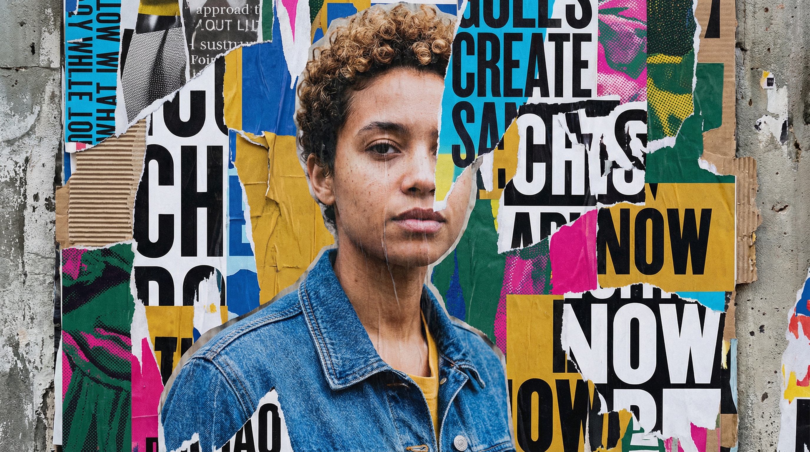 a realistic person blended into an artistic collage of textures, shapes, torn paper layers, bold contrasting typography, experimental poster layout, overlapping elements, vibrant color palette, modern graphic design aesthetic, high-resolution details