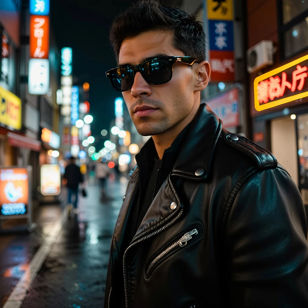 Medium shot portrait of a man in a black leather jacket, standing on a neon-lit Tokyo street at night. Rain-slicked pavement, vibrant neon signs reflected in his sunglasses, serious expression, looking directly at the camera, Blade Runner aesthetic, high contrast, sharp focus.