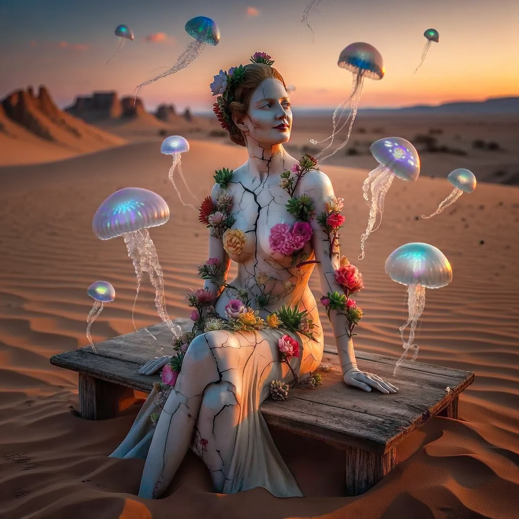 A woman made entirely of cracked porcelain and blooming flowers sits at a weathered wooden table in the middle of a vast, tranquil desert at sunset. A flock of glowing, ethereal jellyfish float gracefully through the air around her.