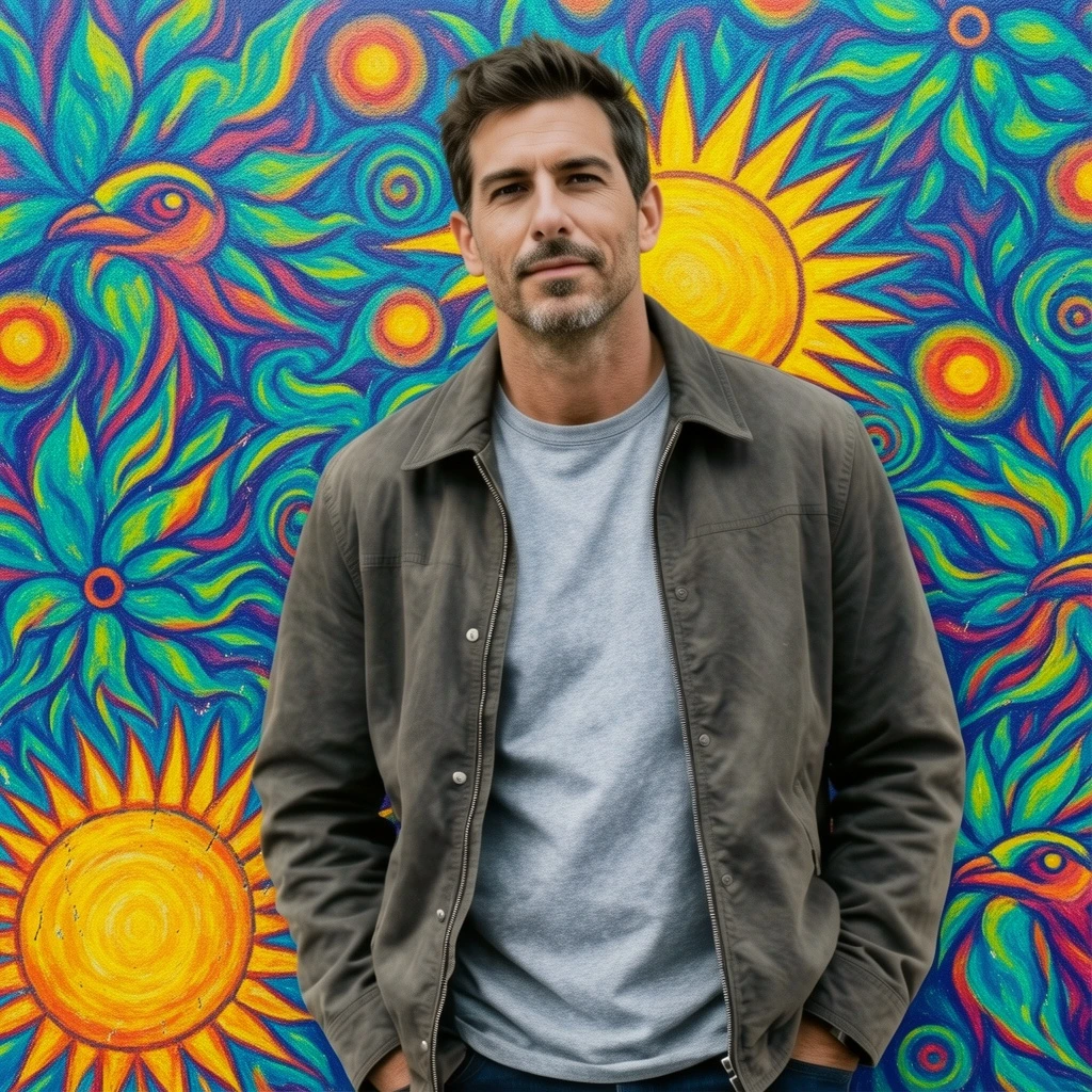 Paint a large colorful mural on the concrete wall behind him, showing abstract birds, suns, and flowing shapes. Preserve the man, face, outfit, pose, lighting, and camera angle. The mural should look physically painted on the wall with realistic texture, slight imperfections, and perspective matching the surface.