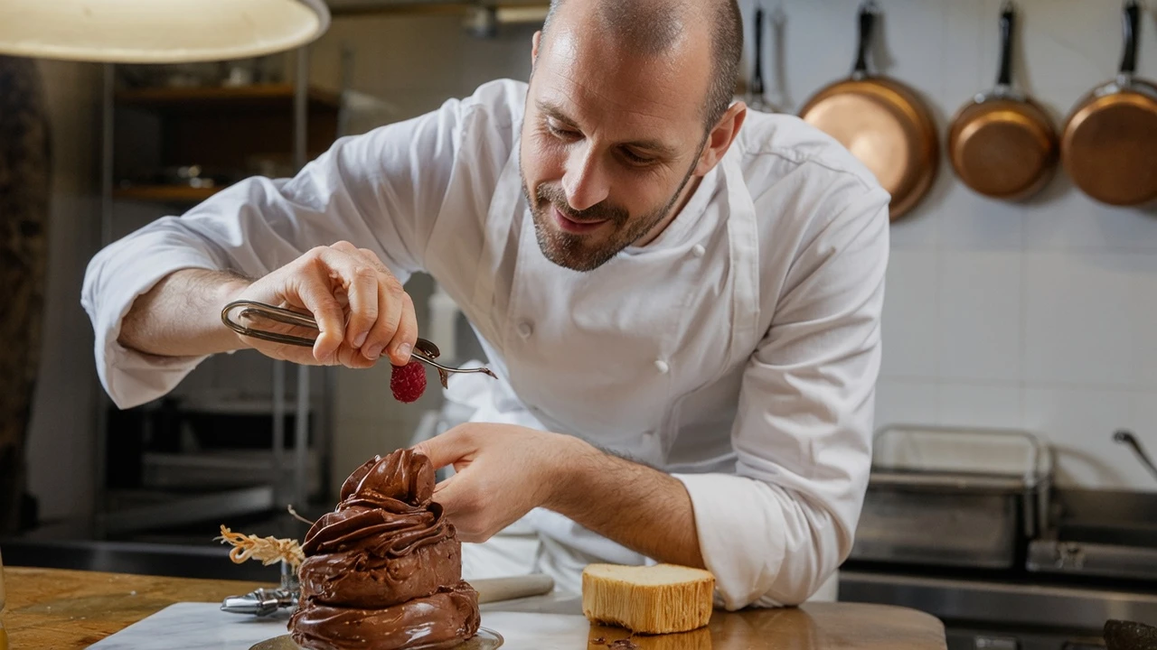 An artistic, cover-worthy photograph for a culinary magazine like 'Le Chef', masterpiece, (photorealistic:1.3), ultra-detailed. A 45-year-old male French pâtissier, the quintessential perfectionist with an intensely focused gaze, a faint dusting of cocoa powder on one eyebrow. He wears a starched, crisp white chef's uniform and a pristine apron, complete with a tall toque blanche. He stands at his immaculate stainless steel pastry station, a marble slab for chocolate work gleaming beside him. Holding his breath, he uses a pair of delicate tweezers to place a single, perfect, dew-kissed raspberry atop an elaborate dessert sculpture of chocolate mousse, mirror glaze, and hair-thin spun sugar. His rock-steady hands are a stark contrast to the dessert's fragile beauty. A focused, warm, golden light from the overhead heat lamp illuminates the pass, making the dessert look irresistible and catching a single, tiny bead of sweat on the chef's temple. The background is a softly blurred high-end kitchen with hanging copper pots.