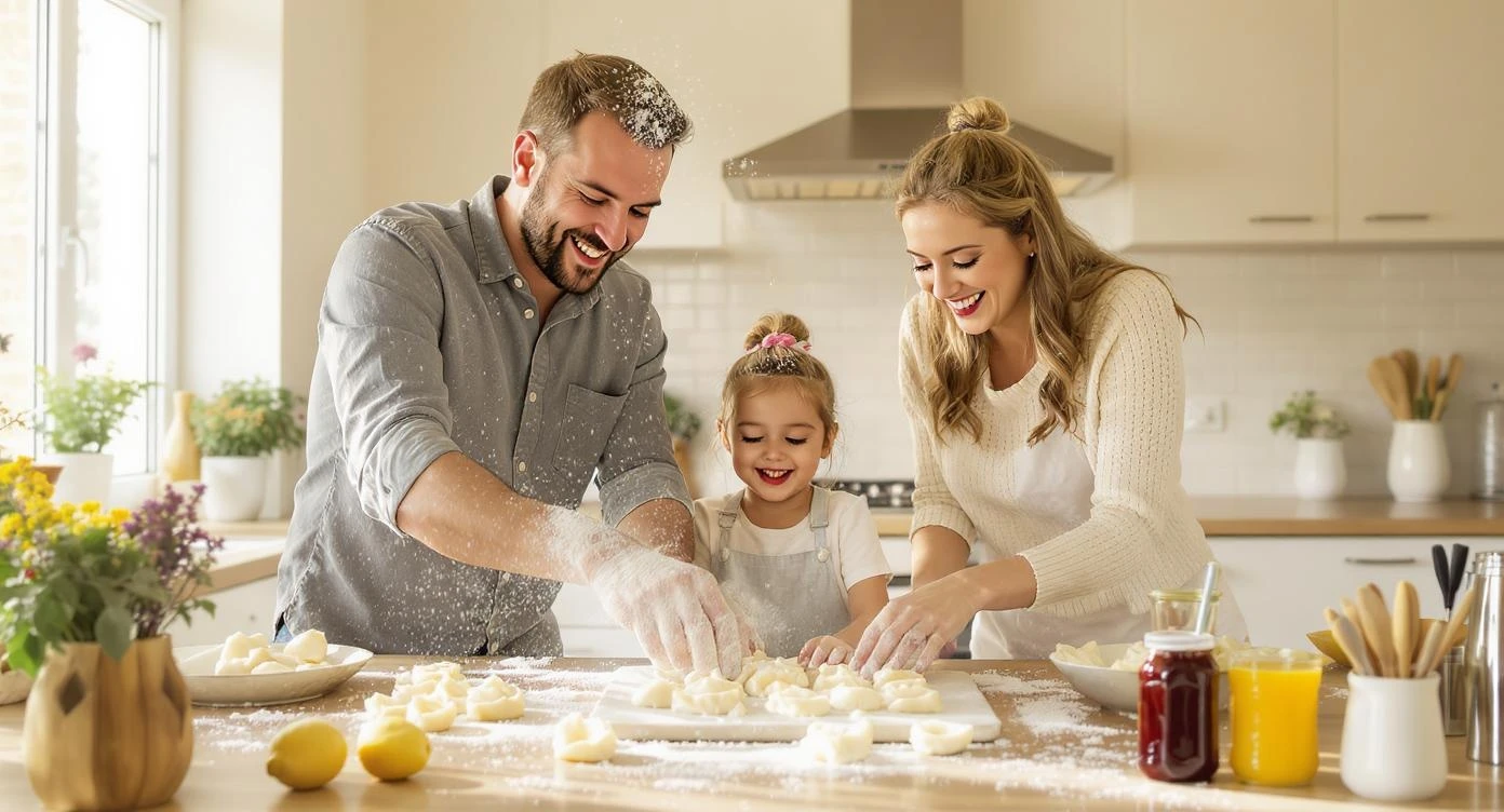 A young family (father, mother, and a 5-year-old child) making dumplings together in a bright, spacious modern kitchen. Flour is playfully dusted everywhere, and they all have joyful smiles on their faces. Soft sunlight from the window makes the whole kitchen feel very warm. Lifestyle documentary style, shot from a slightly high angle, capturing the dynamic moment of family interaction. The photo has vibrant colors and is full of energy.